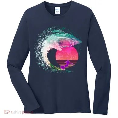 Retro Surfer Shark Wave Women's Long Sleeve Shirt