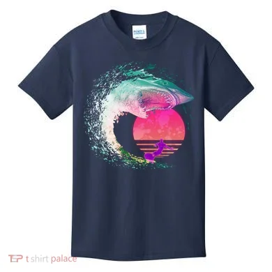 Retro Surfer Shark Wave Kids T-Shirt