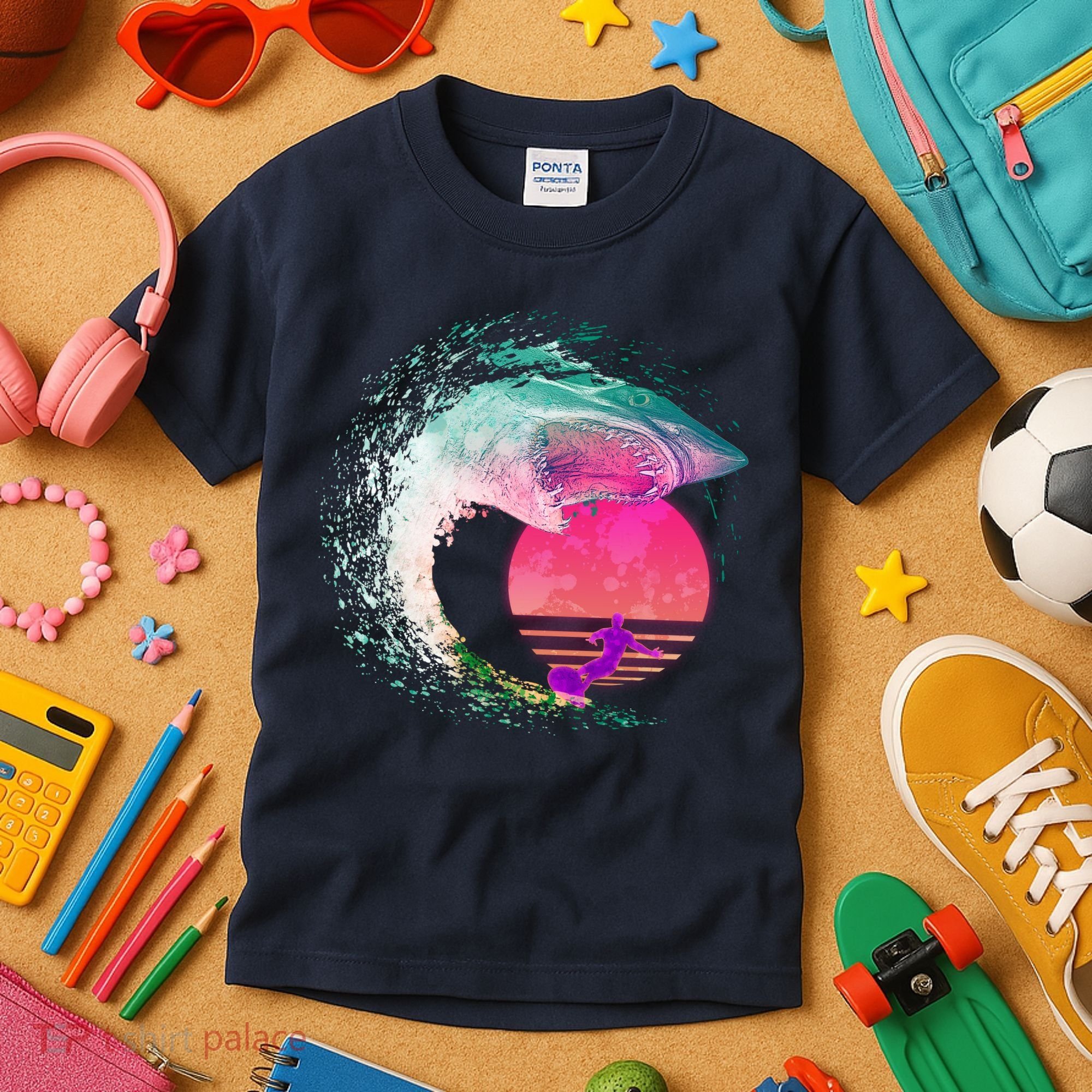 Retro Surfer Shark Wave Kids T-Shirt