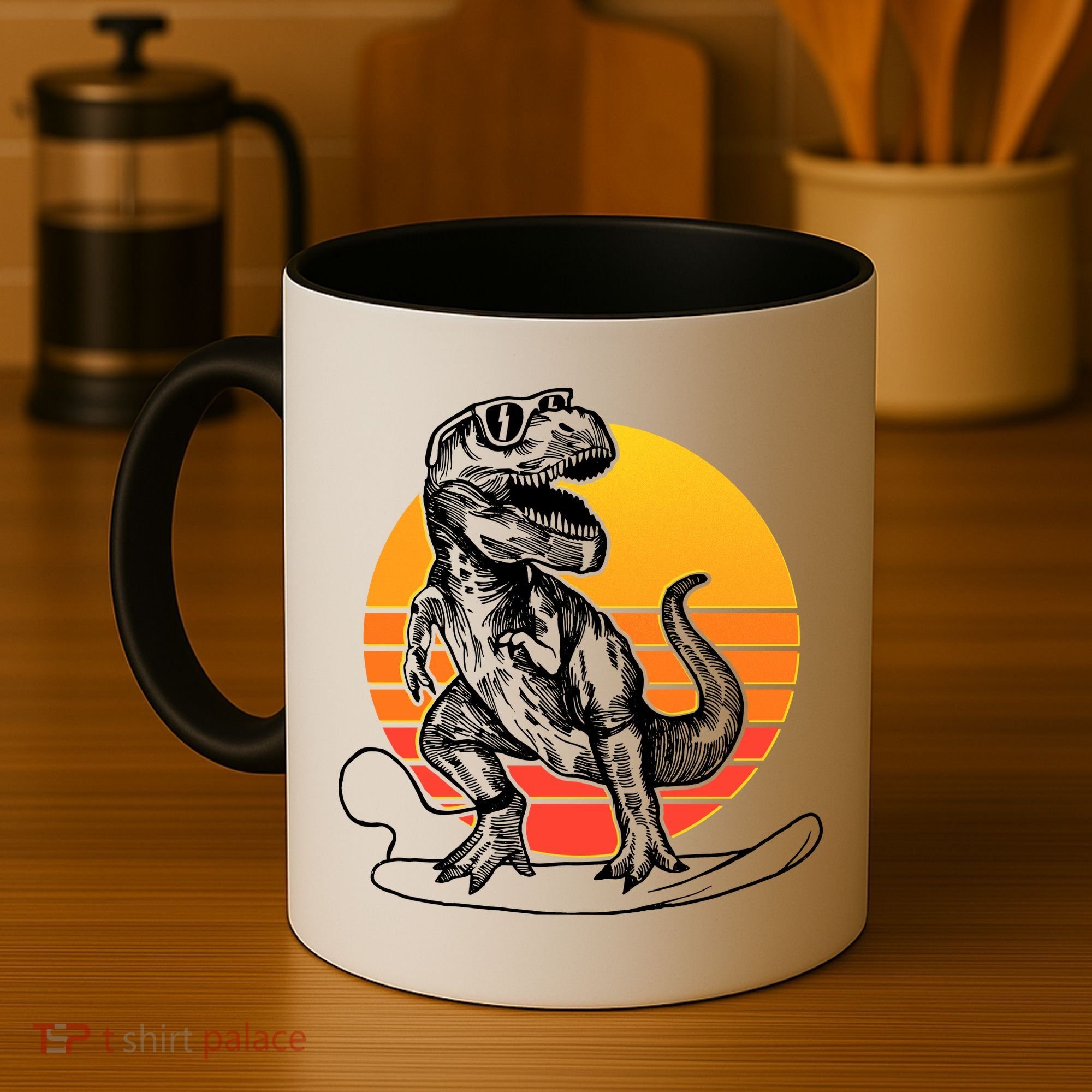 Retro Surfing T-Rex Coffee Mug