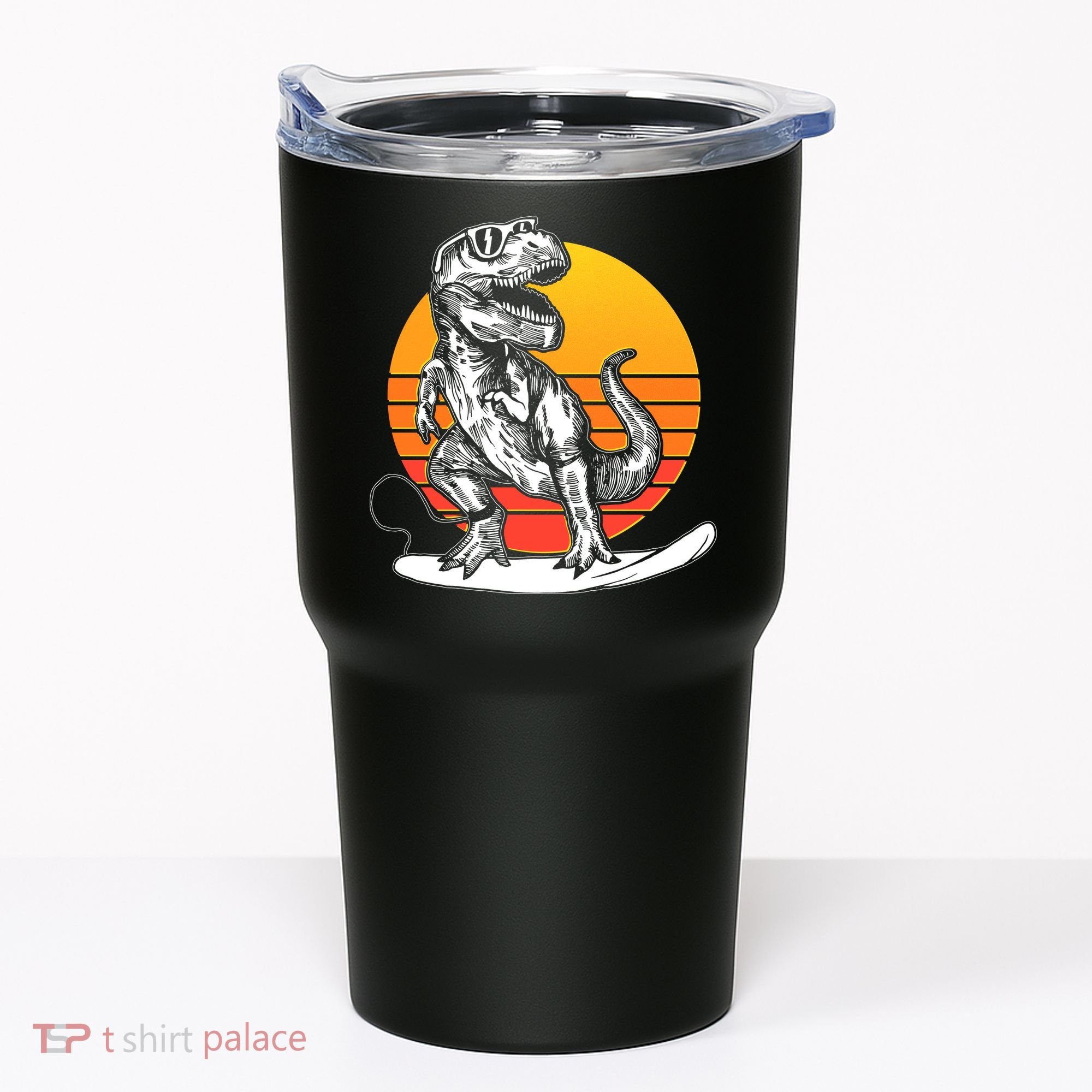 Retro Surfing T-Rex Tumbler