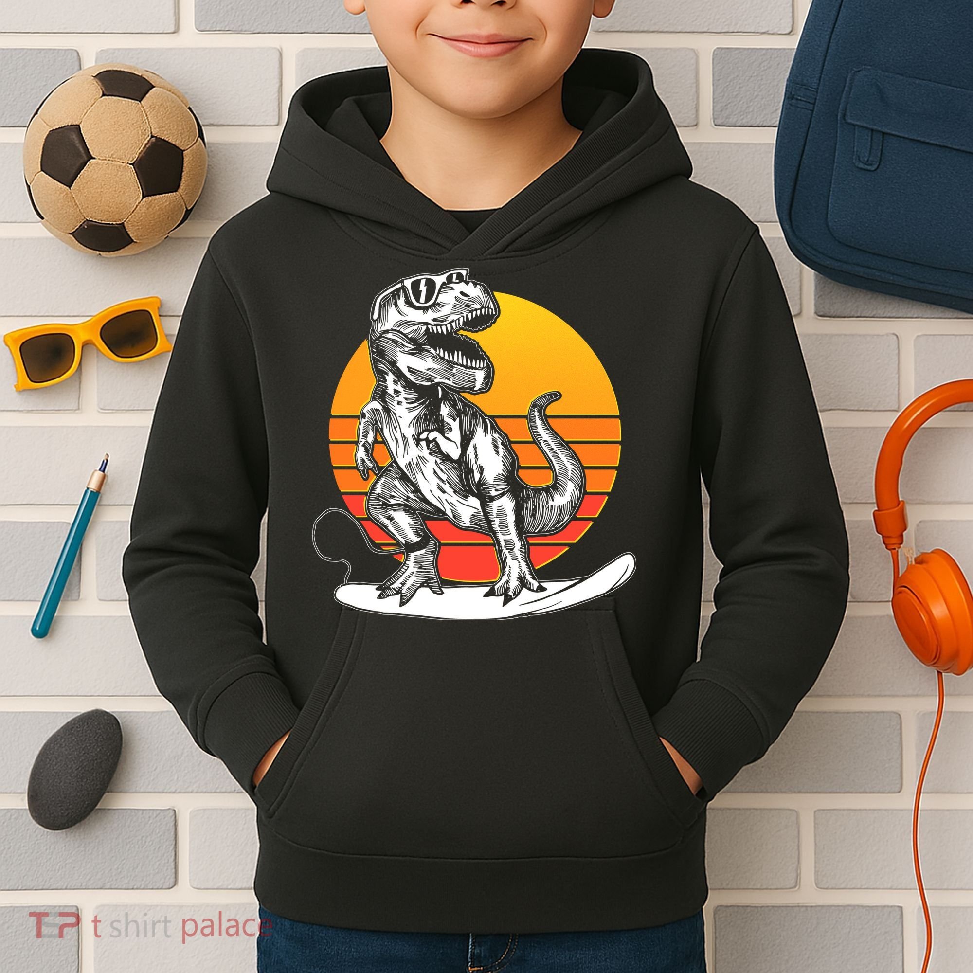 Retro Surfing T-Rex Kids Hoodie
