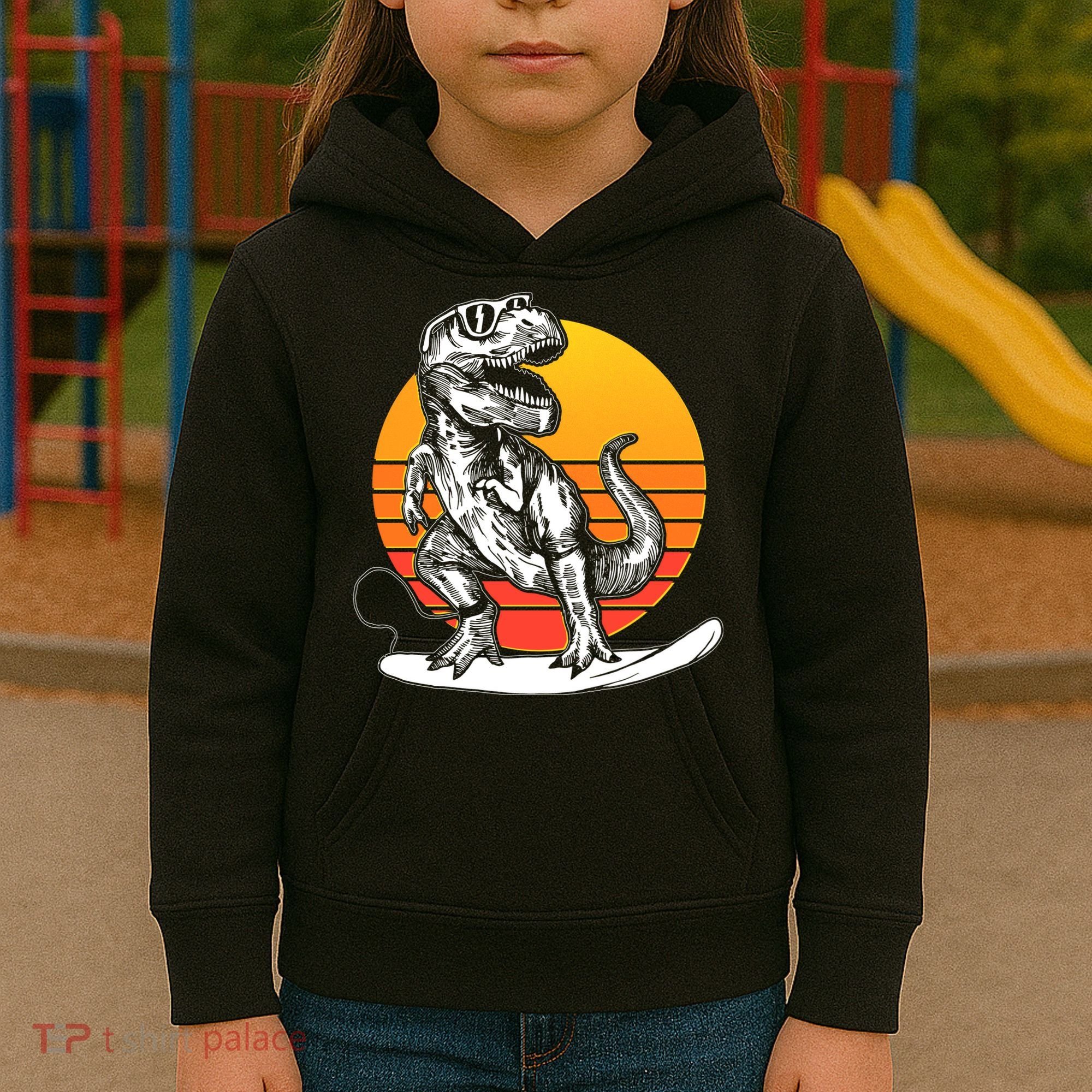 Retro Surfing T-Rex Kids Hoodie