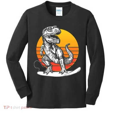 Retro Surfing T-Rex Kids Long Sleeve Shirt