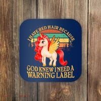 Retro Unicorn I Have Red Hair Warning Label Coaster thumb 0