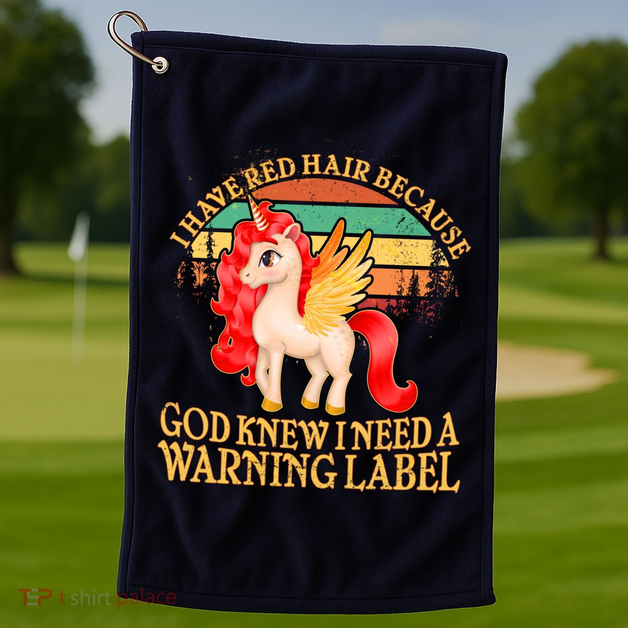 Retro Unicorn I Have Red Hair Warning Label Golf Towel