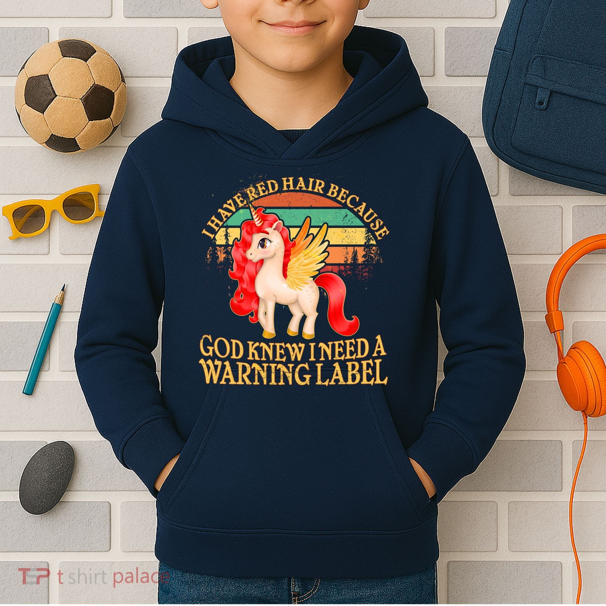 Retro Unicorn I Have Red Hair Warning Label Kids Hoodie