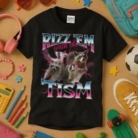 Rizz Em With The Tism Racoon Funny Oddly Specific Dank Meme Kids T-Shirt thumb 3