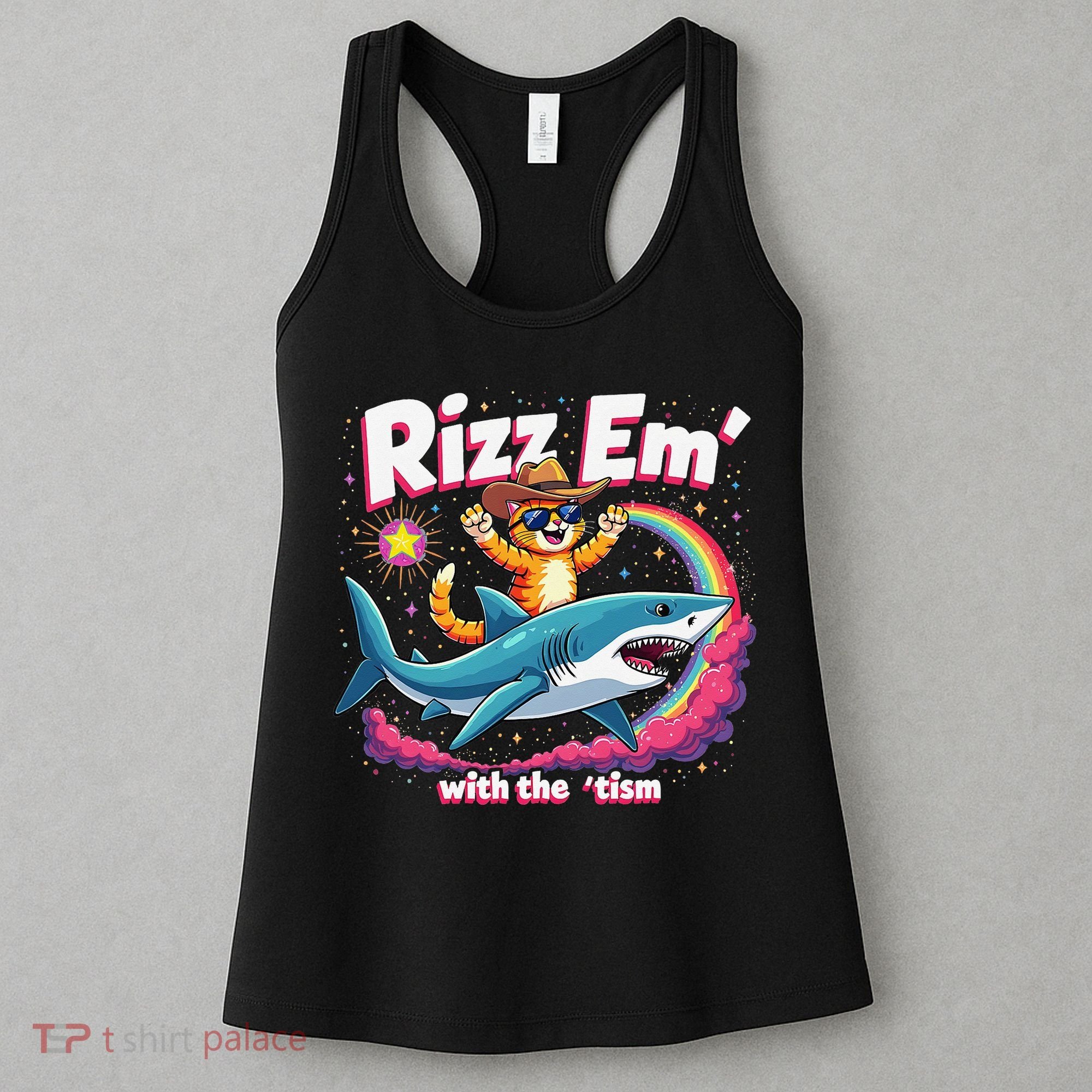 Rizz Em With The Tism Humor Cat Shark Autism Awareness Women's Tank Top