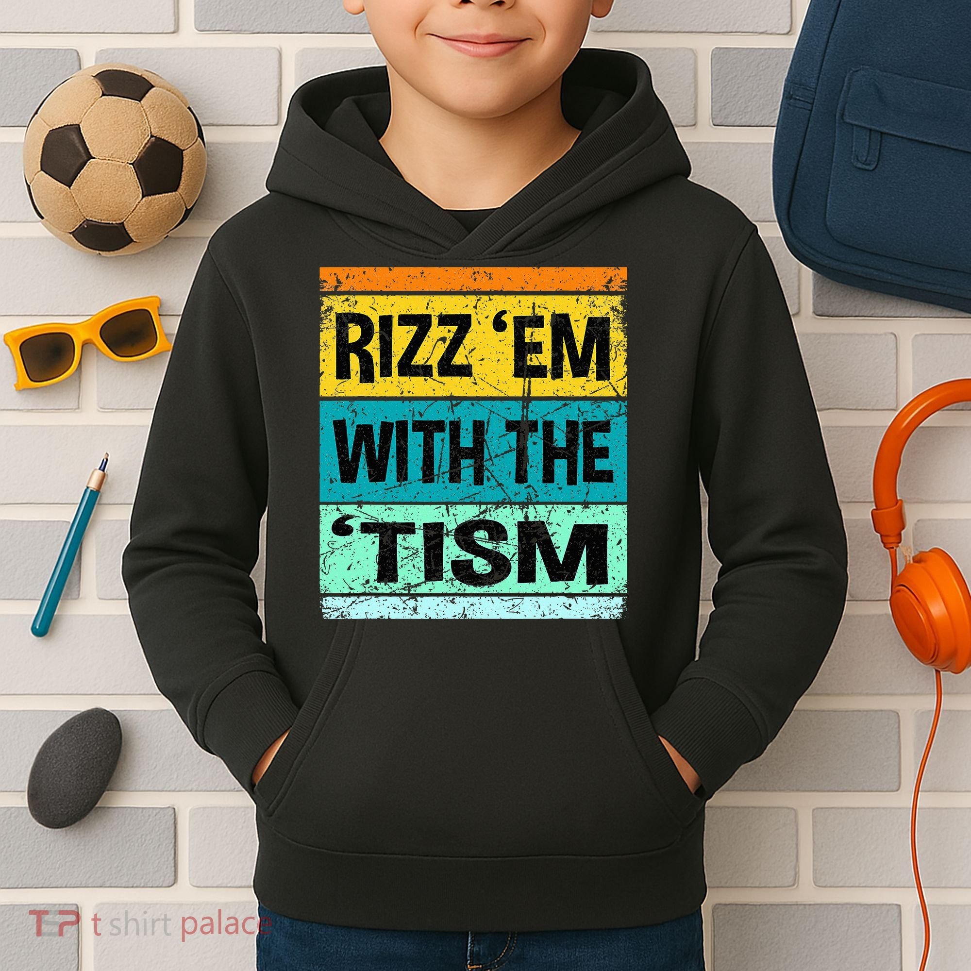 Rizz Em With The Tism Funny Autism Kids Hoodie
