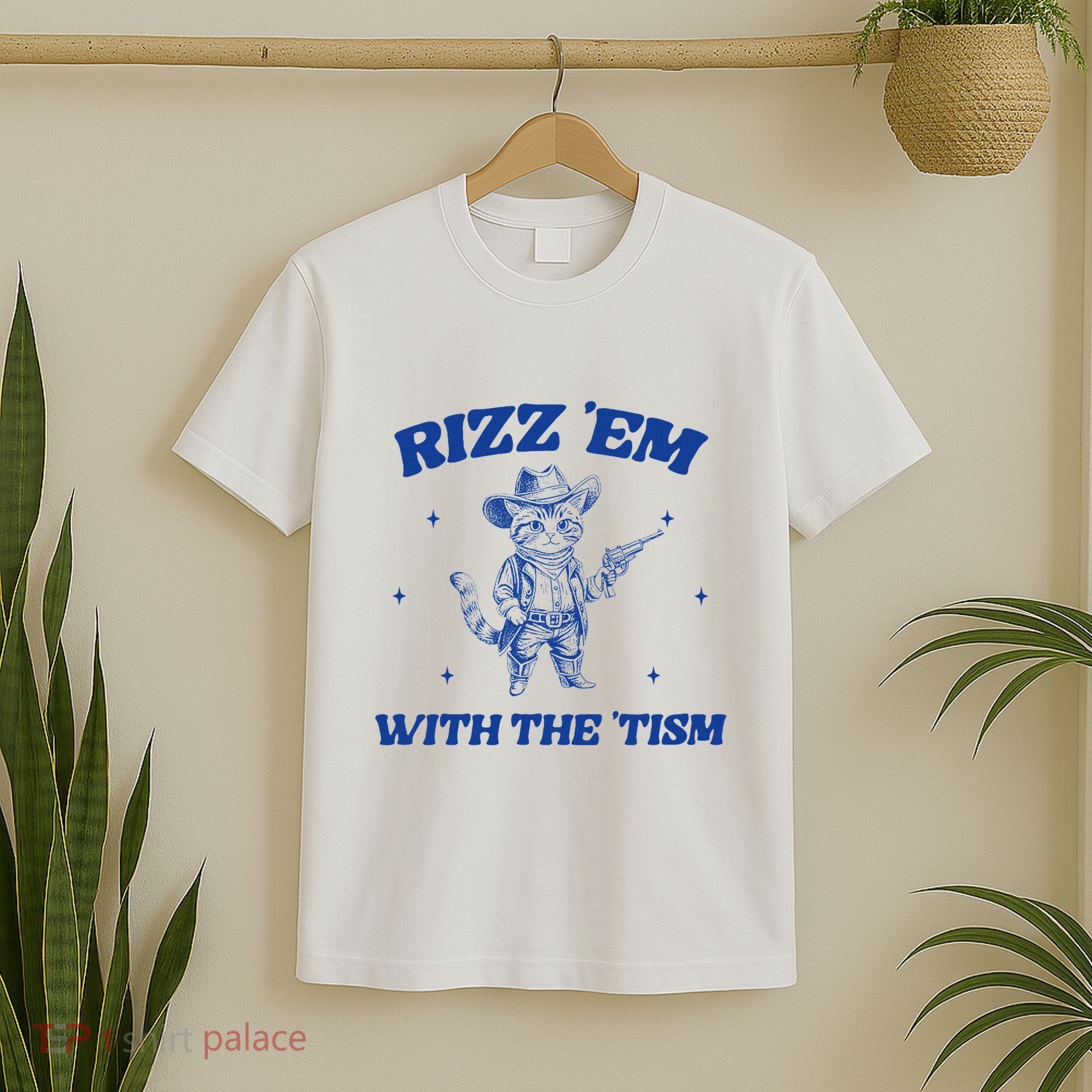 Rizz Em With The Tism Retro Cartoon Cowboy Cat Western Cute T-Shirt