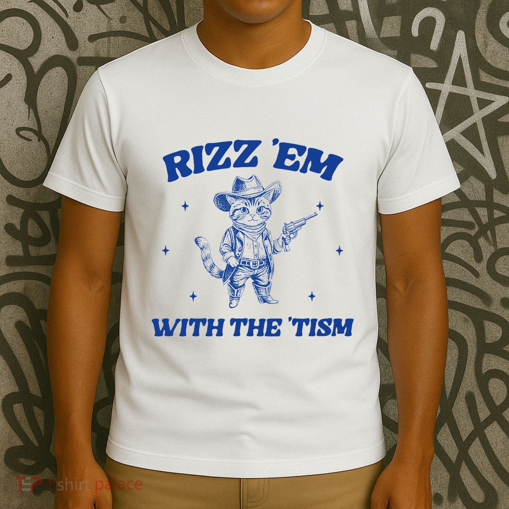 Rizz Em With The Tism Retro Cartoon Cowboy Cat Western Cute T-Shirt