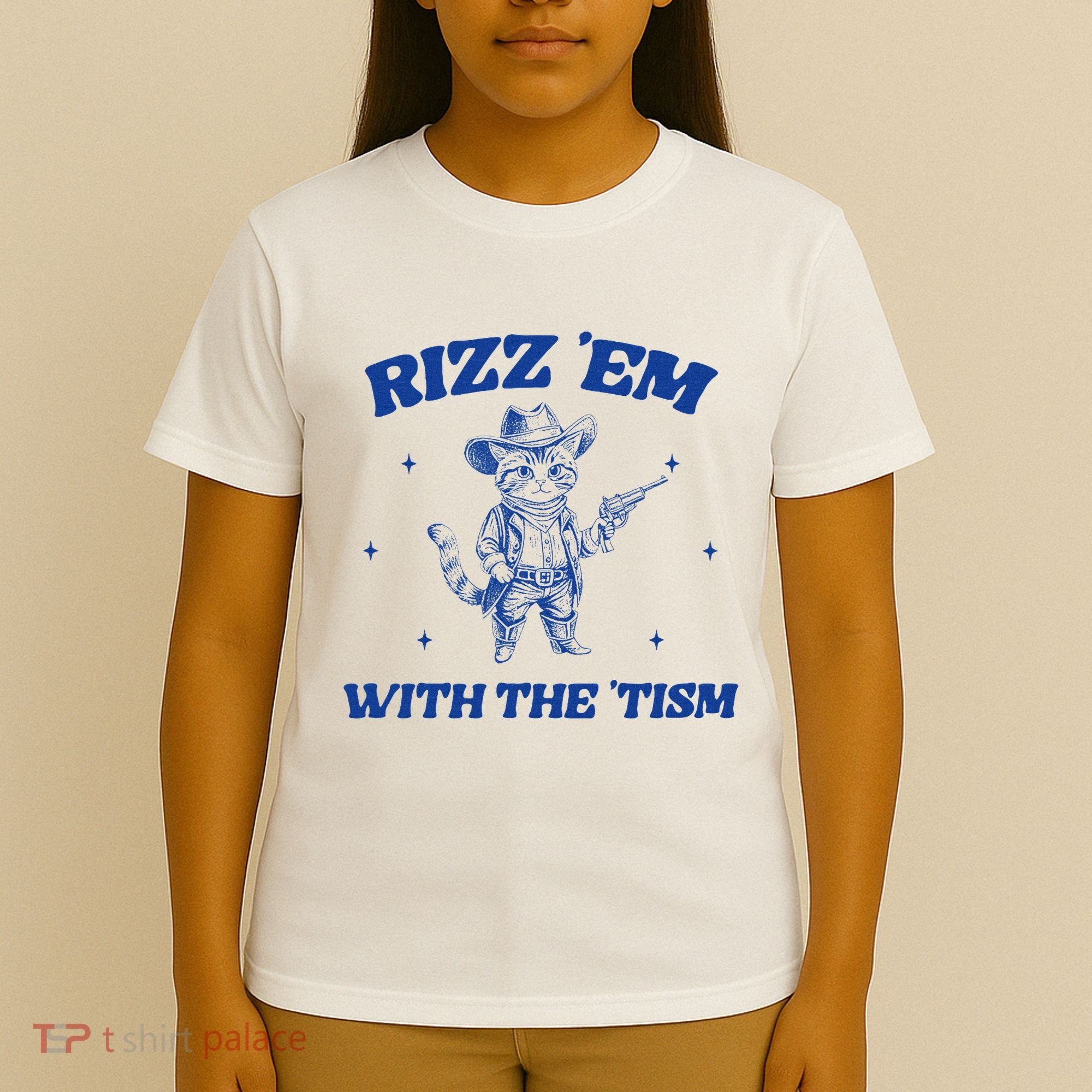 Rizz Em With The Tism Retro Cartoon Cowboy Cat Western Cute T-Shirt