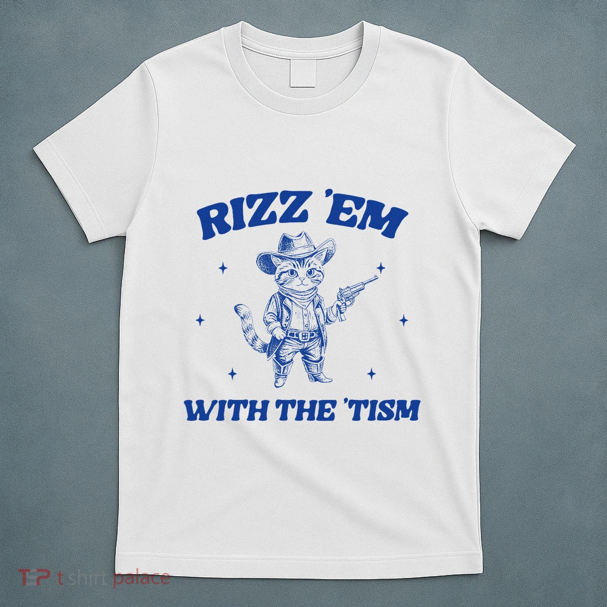 Rizz Em With The Tism Retro Cartoon Cowboy Cat Western Cute T-Shirt