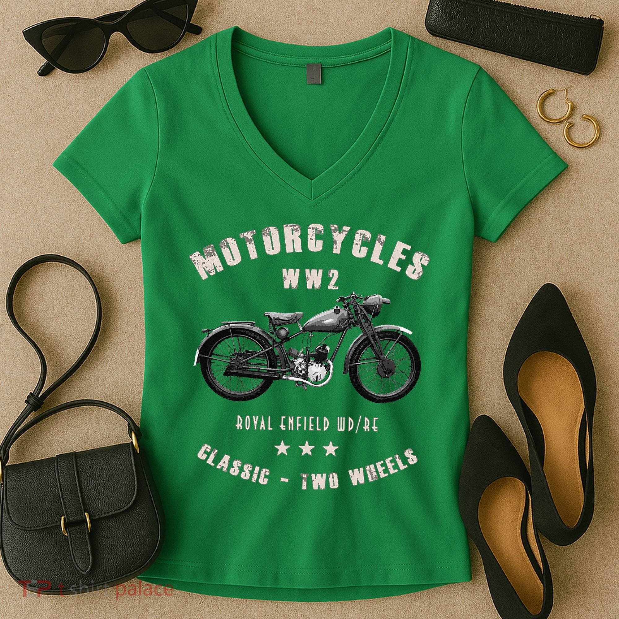 Royal Enfield Wdre Classic Motorcycle Ww2 Women's V-Neck T-Shirt