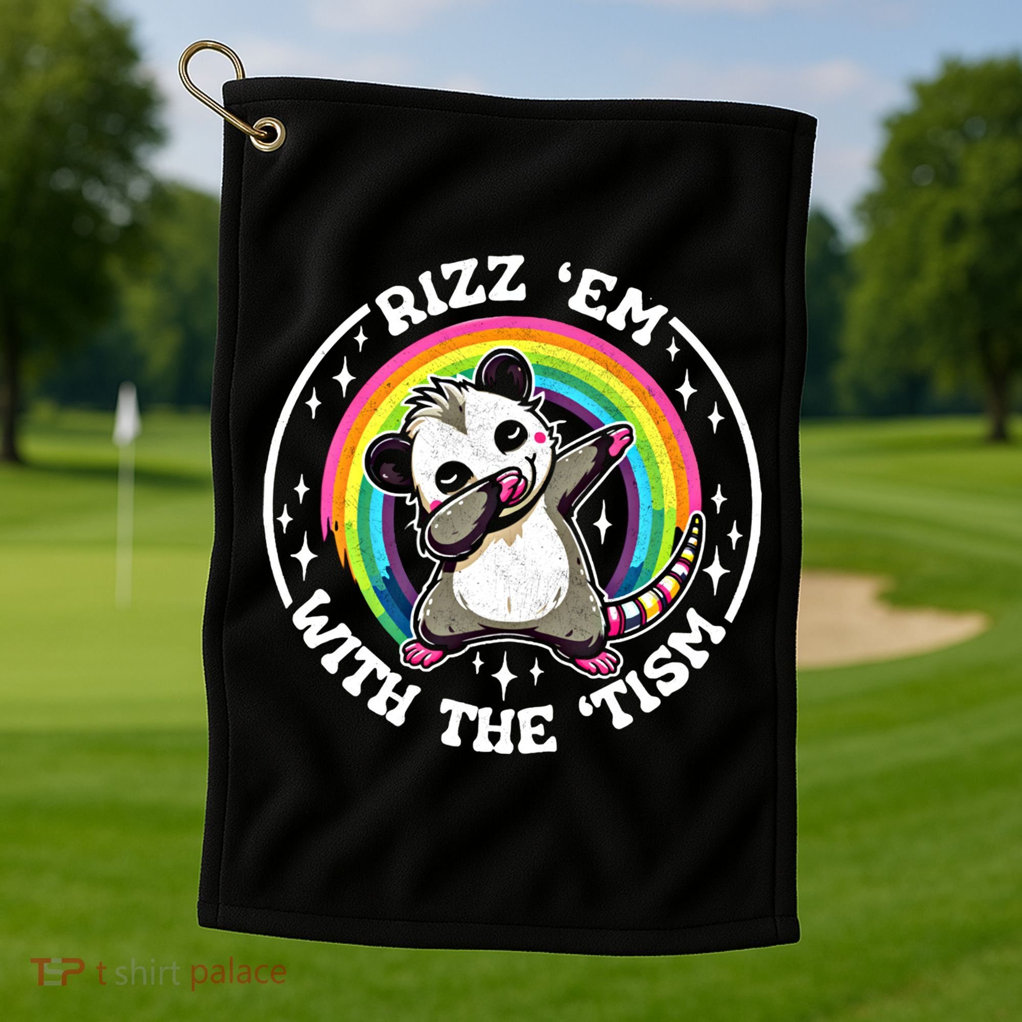 Rizz Em With The Tism Autism Funny Meme Autistic Opossum Meaningful Gift Golf Towel