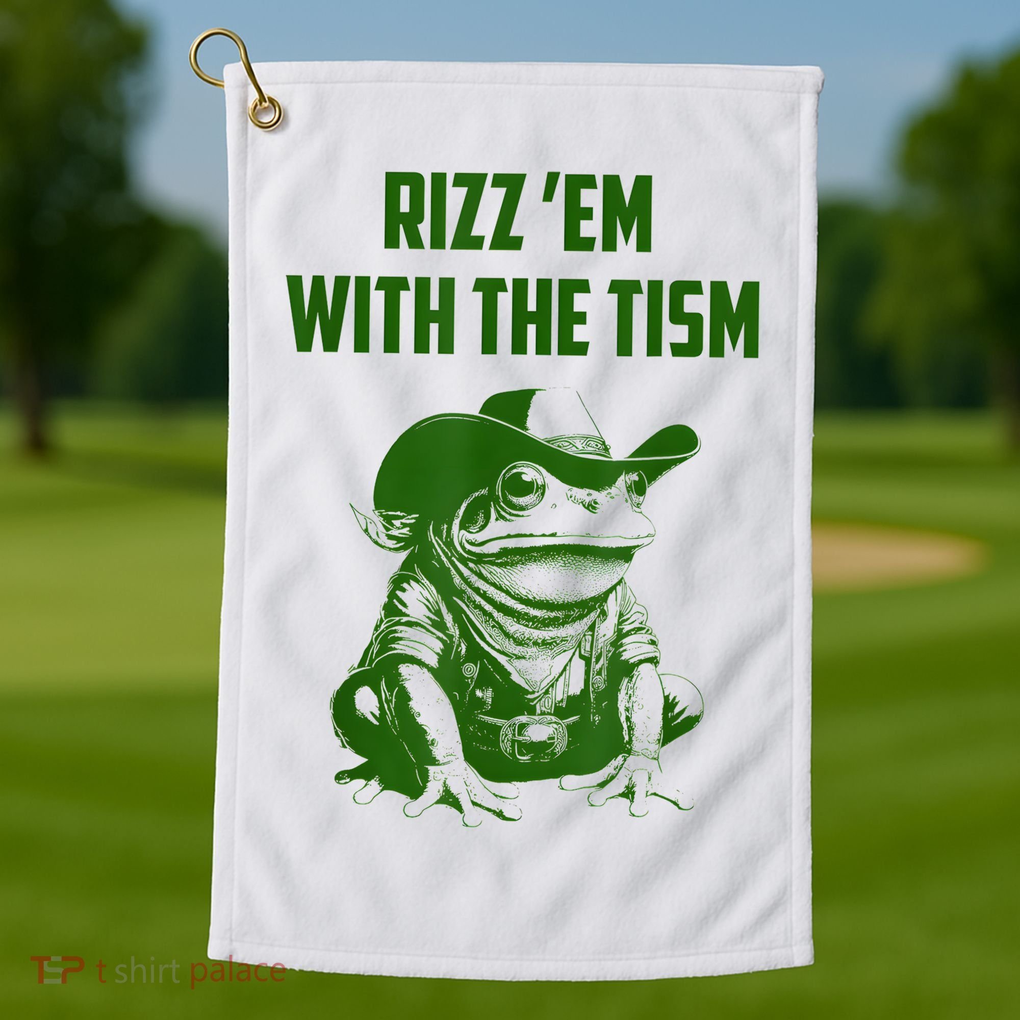 Rizz Em With The Tism Frog Golf Towel