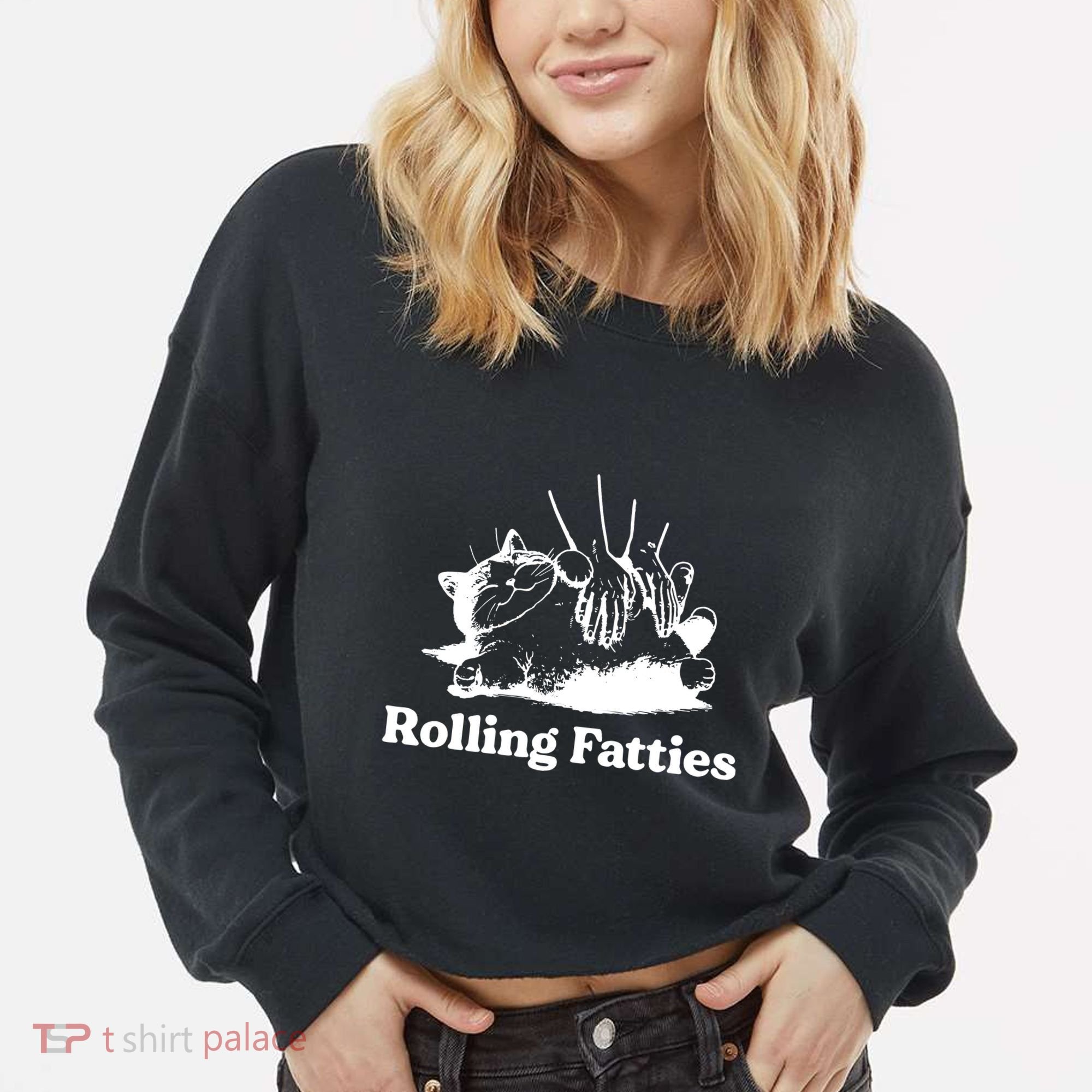Rolling Fatties Cat Funny Cat Lovers Cropped Pullover Crew