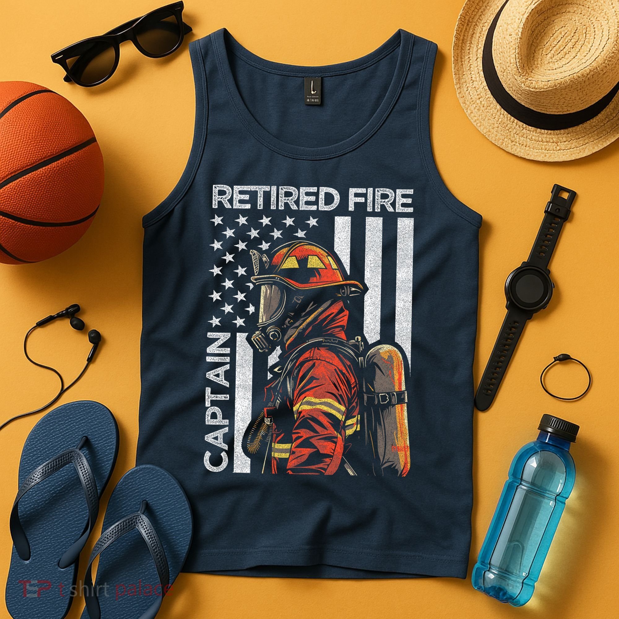 Retired Fire Captain Firefighter Retirement American Flag Tank Top
