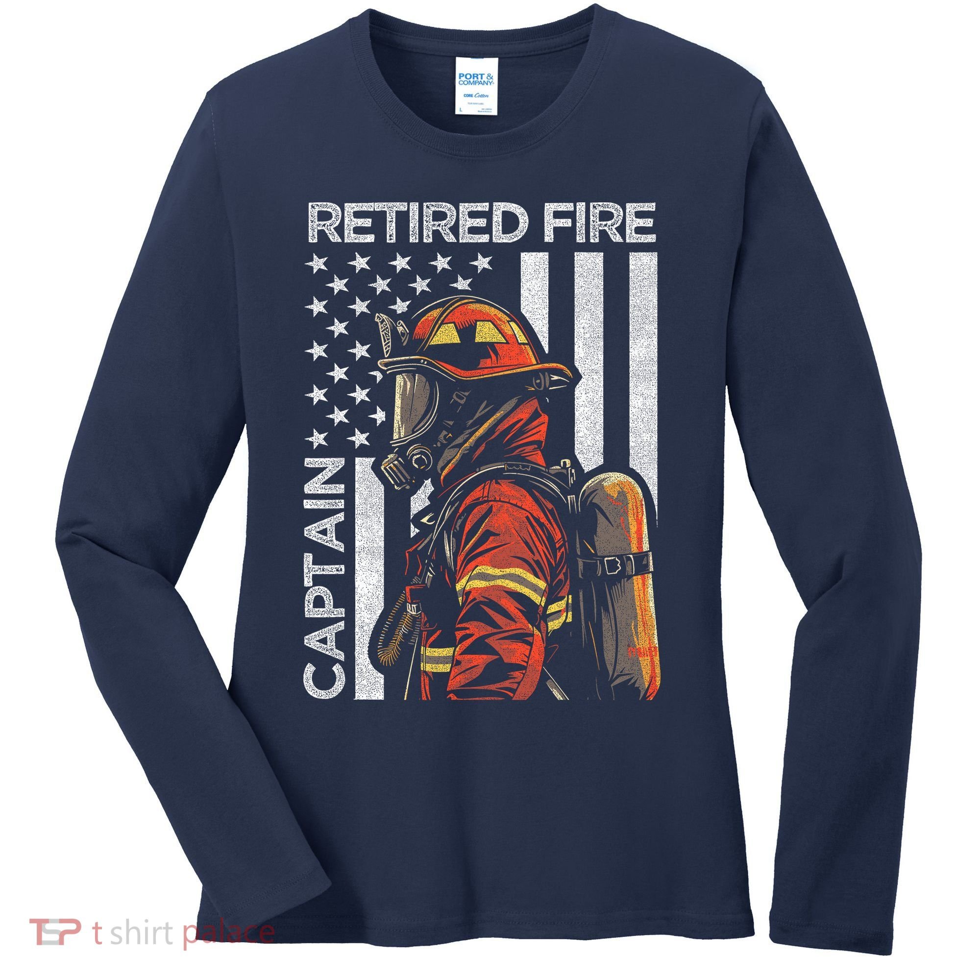 Retired Fire Captain Firefighter Retirement American Flag Women's Long Sleeve Shirt