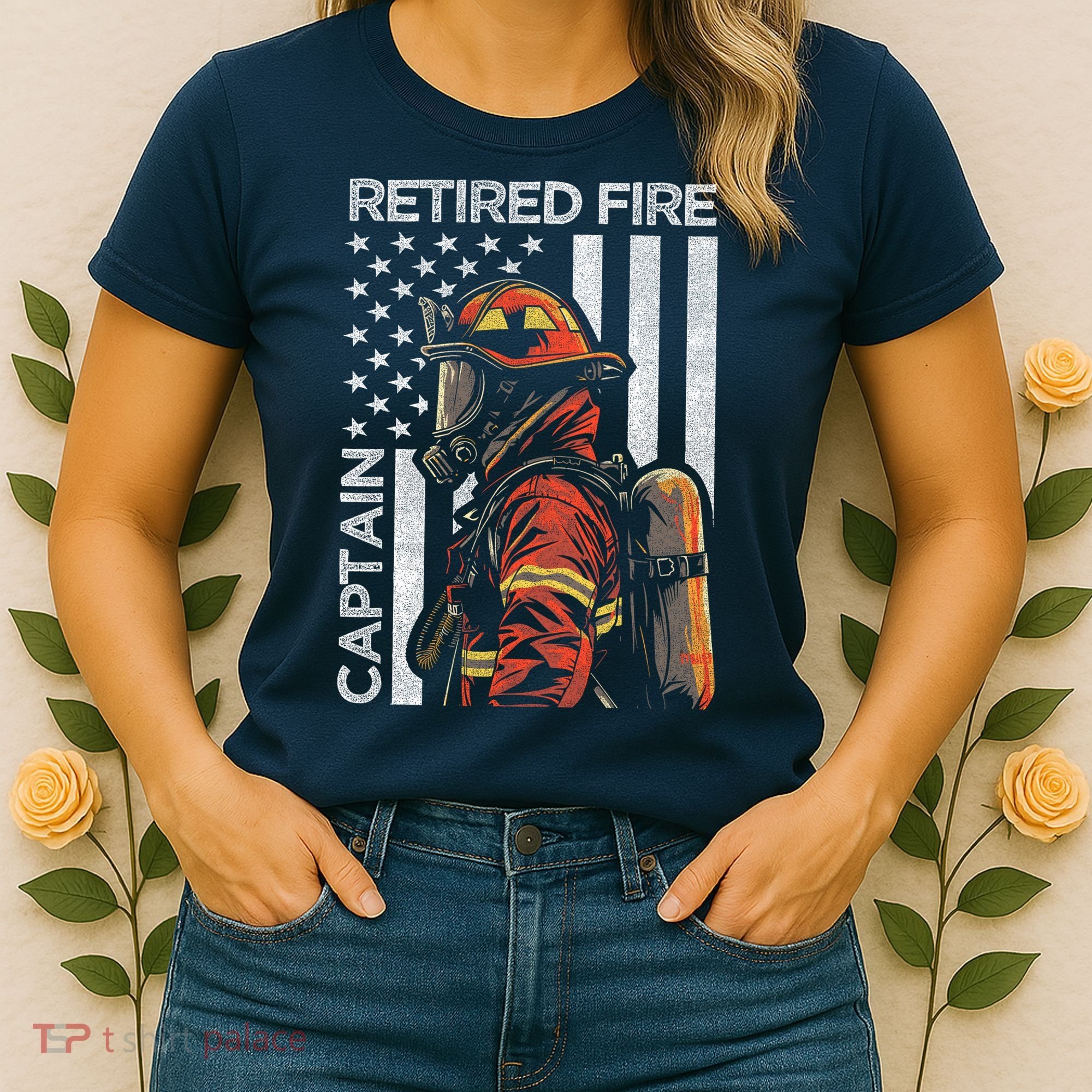Retired Fire Captain Firefighter Retirement American Flag Women's T-Shirt