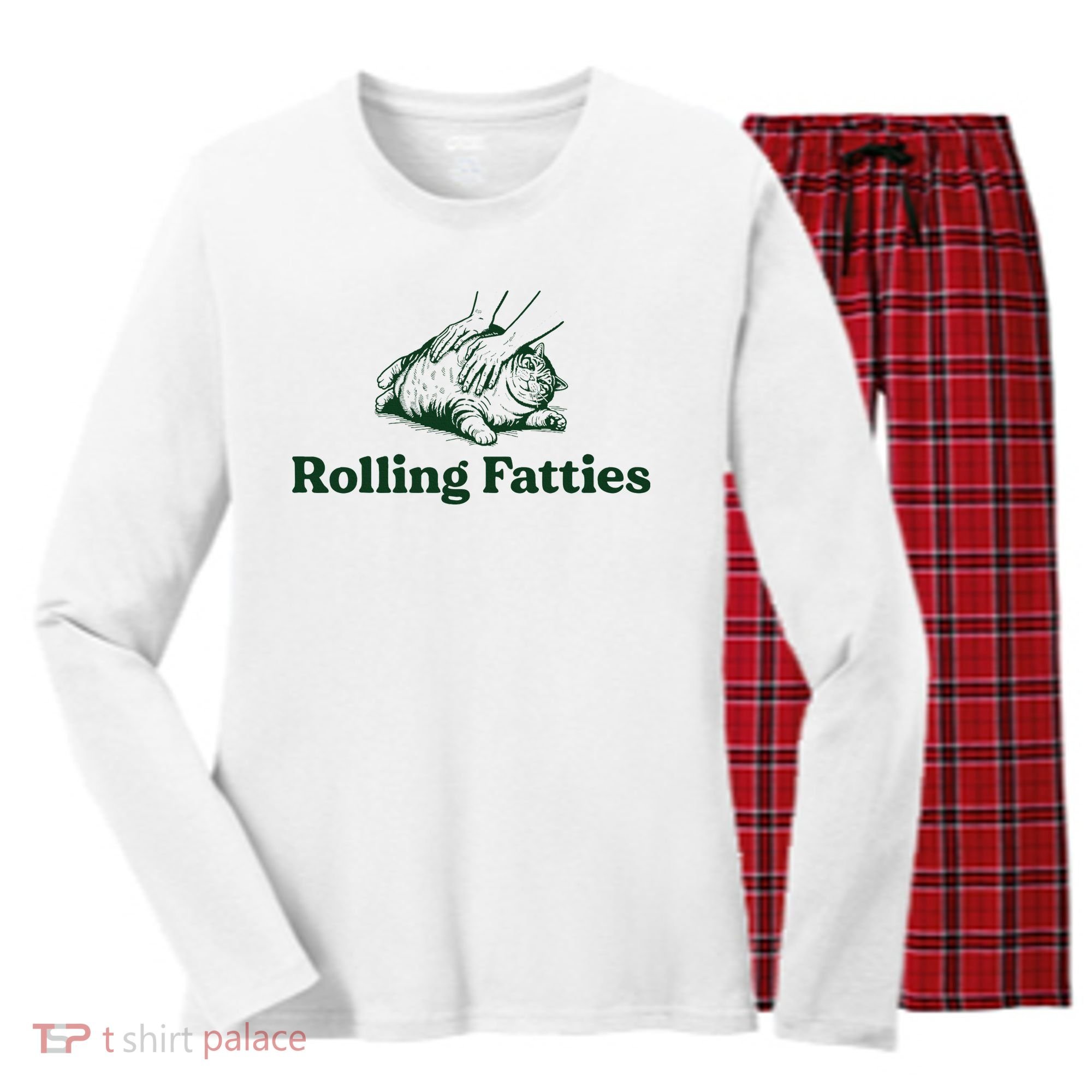 Rolling Fatties Cat Funny Cute Cat Lover Kitten Owner Kitty Women's Long Sleeve Flannel Pajama Set 