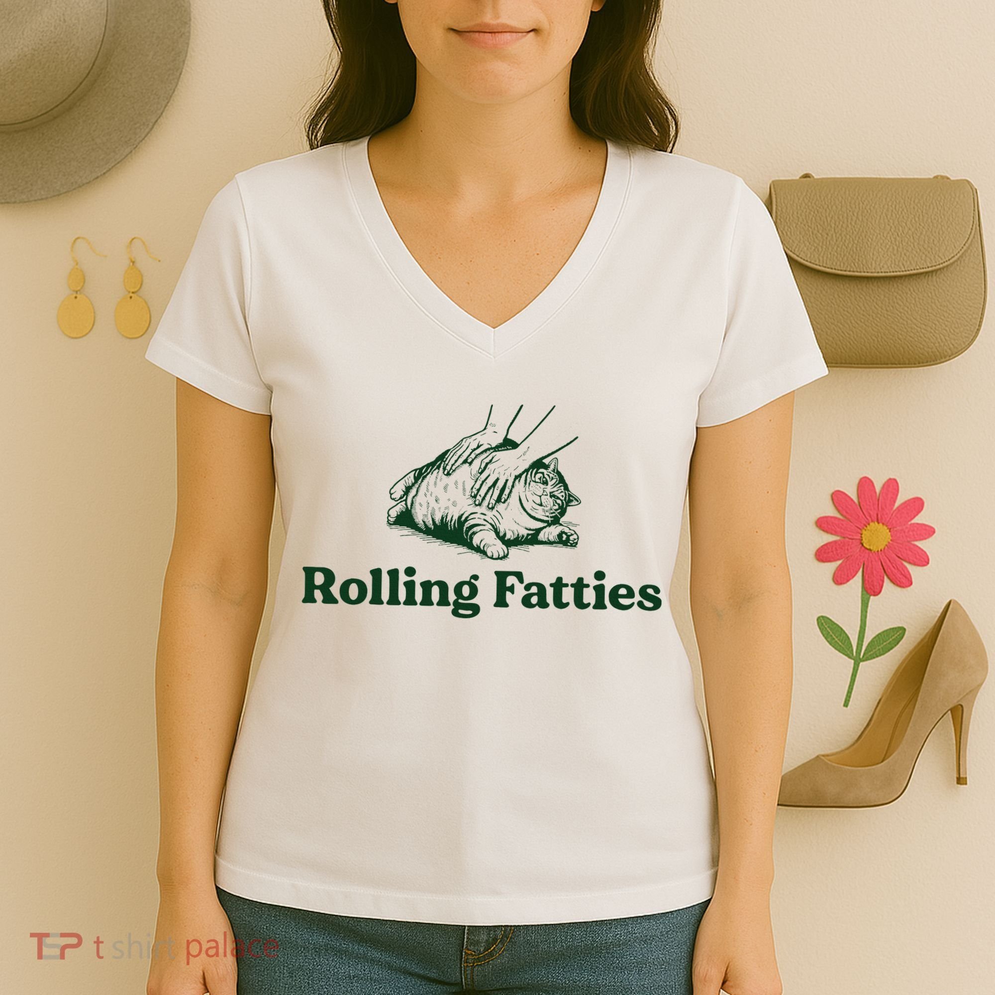 Rolling Fatties Cat Funny Cute Cat Lover Kitten Owner Kitty Women's V-Neck T-Shirt