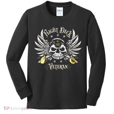 Retro Flight Deck Veteran Skull Naval Aviation Kids Long Sleeve Shirt