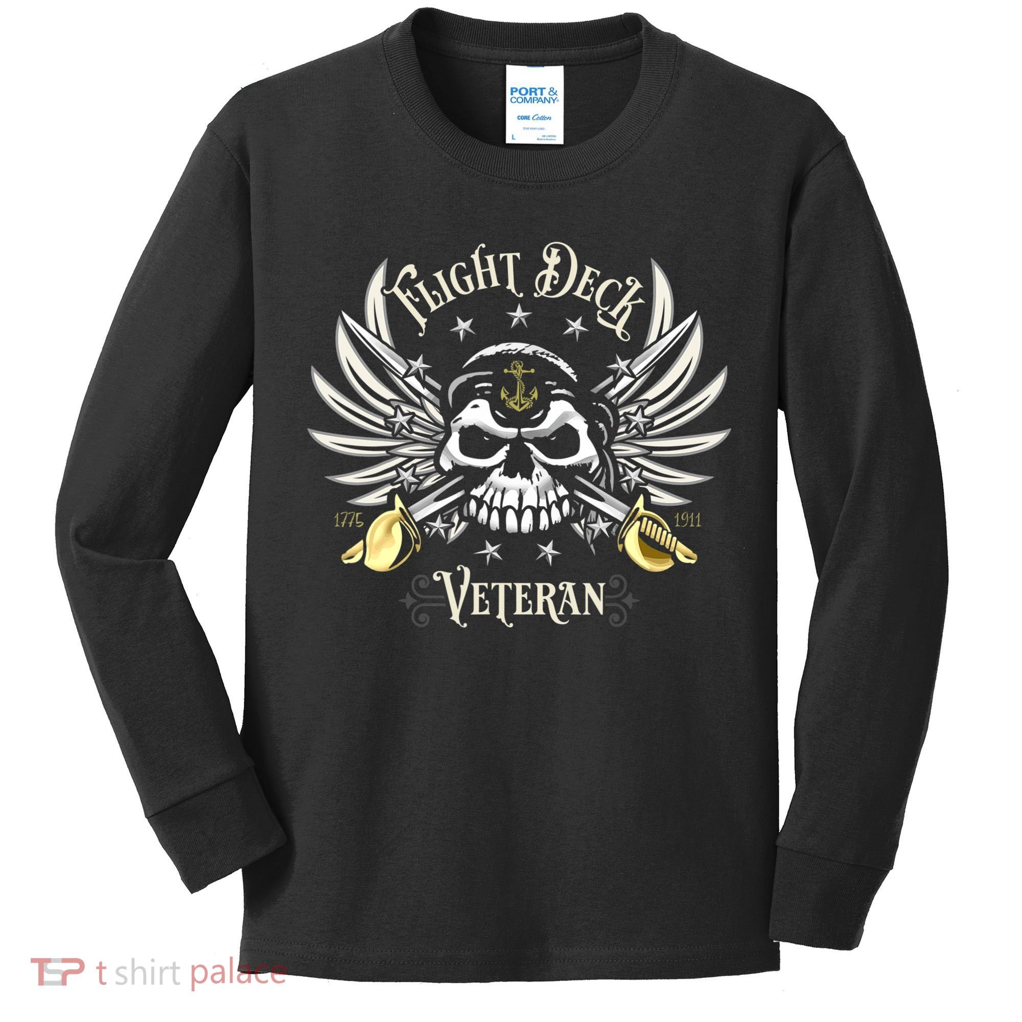Retro Flight Deck Veteran Skull Naval Aviation Kids Long Sleeve Shirt