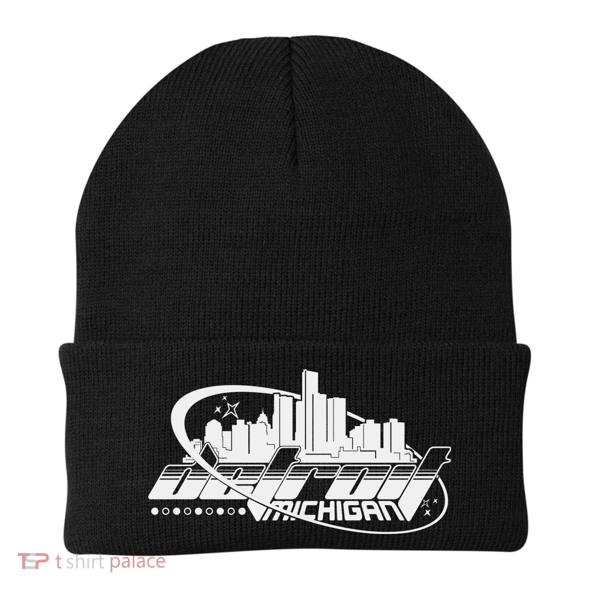 Retro Futuristic Detroit Michigan Skyline Logo Beanie