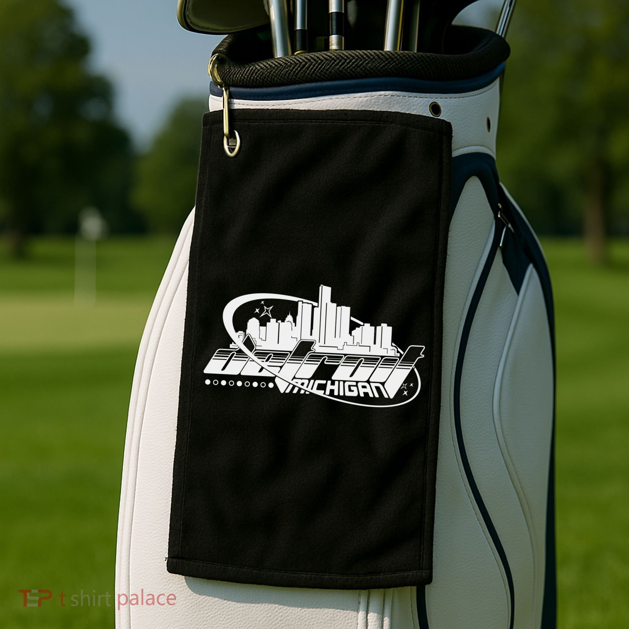 Retro Futuristic Detroit Michigan Skyline Logo Golf Towel