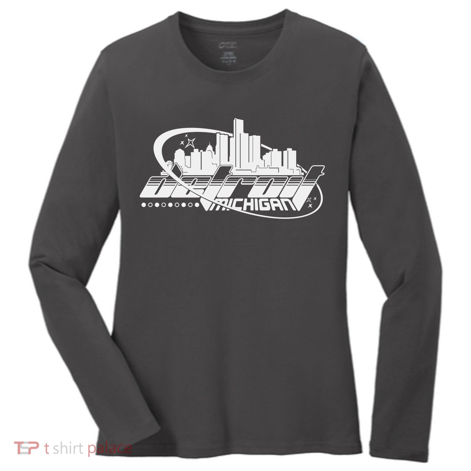 Retro Futuristic Detroit Michigan Skyline Logo Women's Long Sleeve Shirt