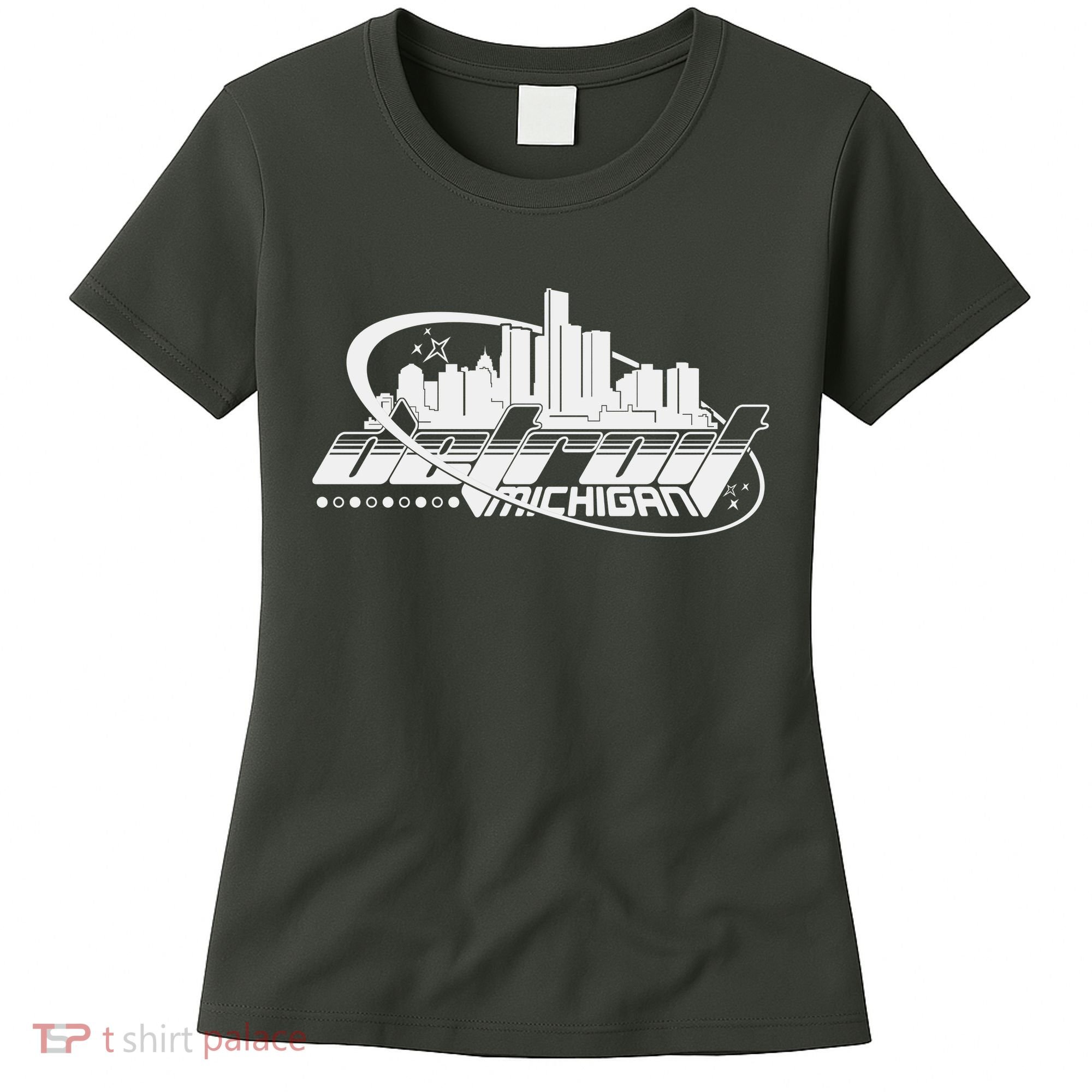 Retro Futuristic Detroit Michigan Skyline Logo Women's T-Shirt