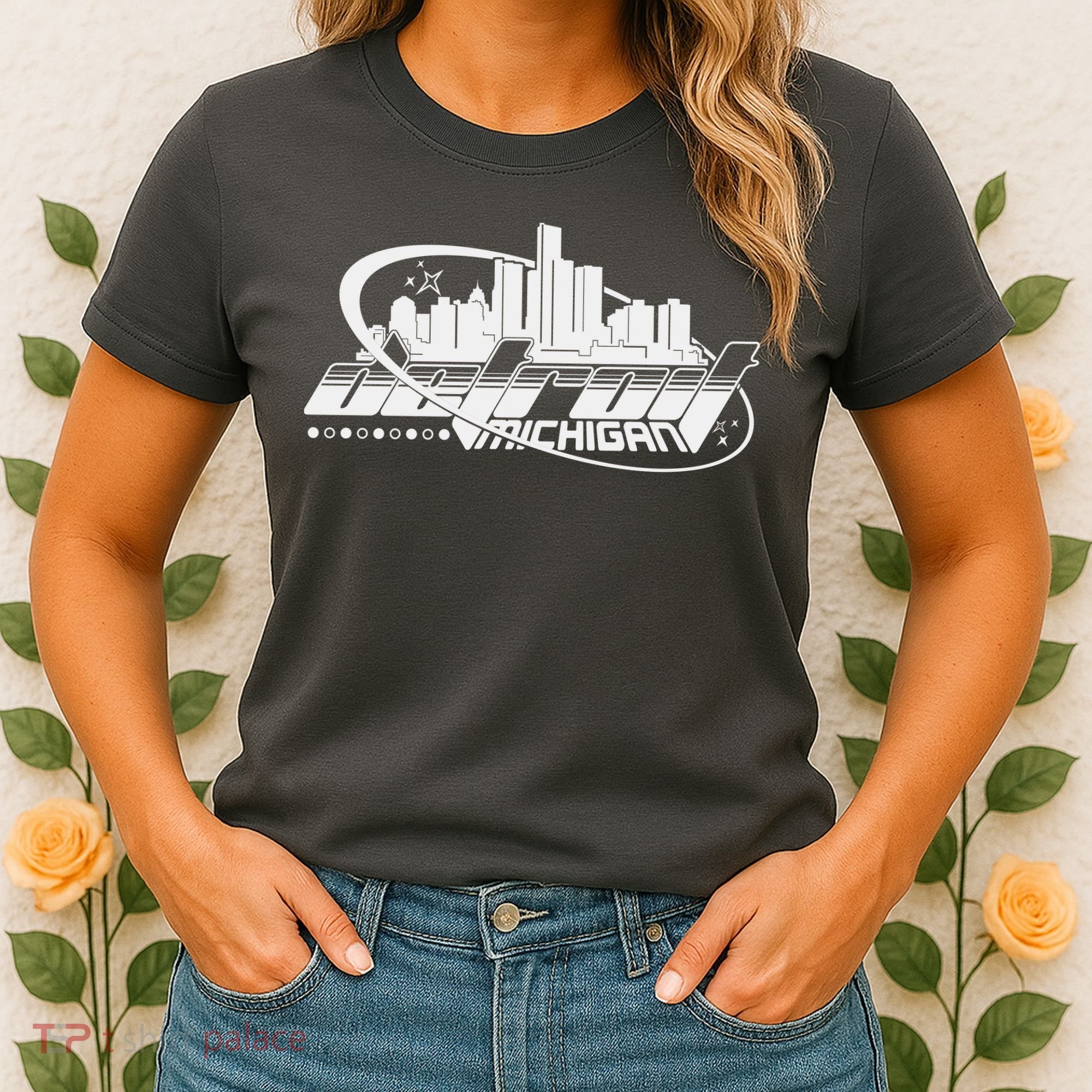 Retro Futuristic Detroit Michigan Skyline Logo Women's T-Shirt