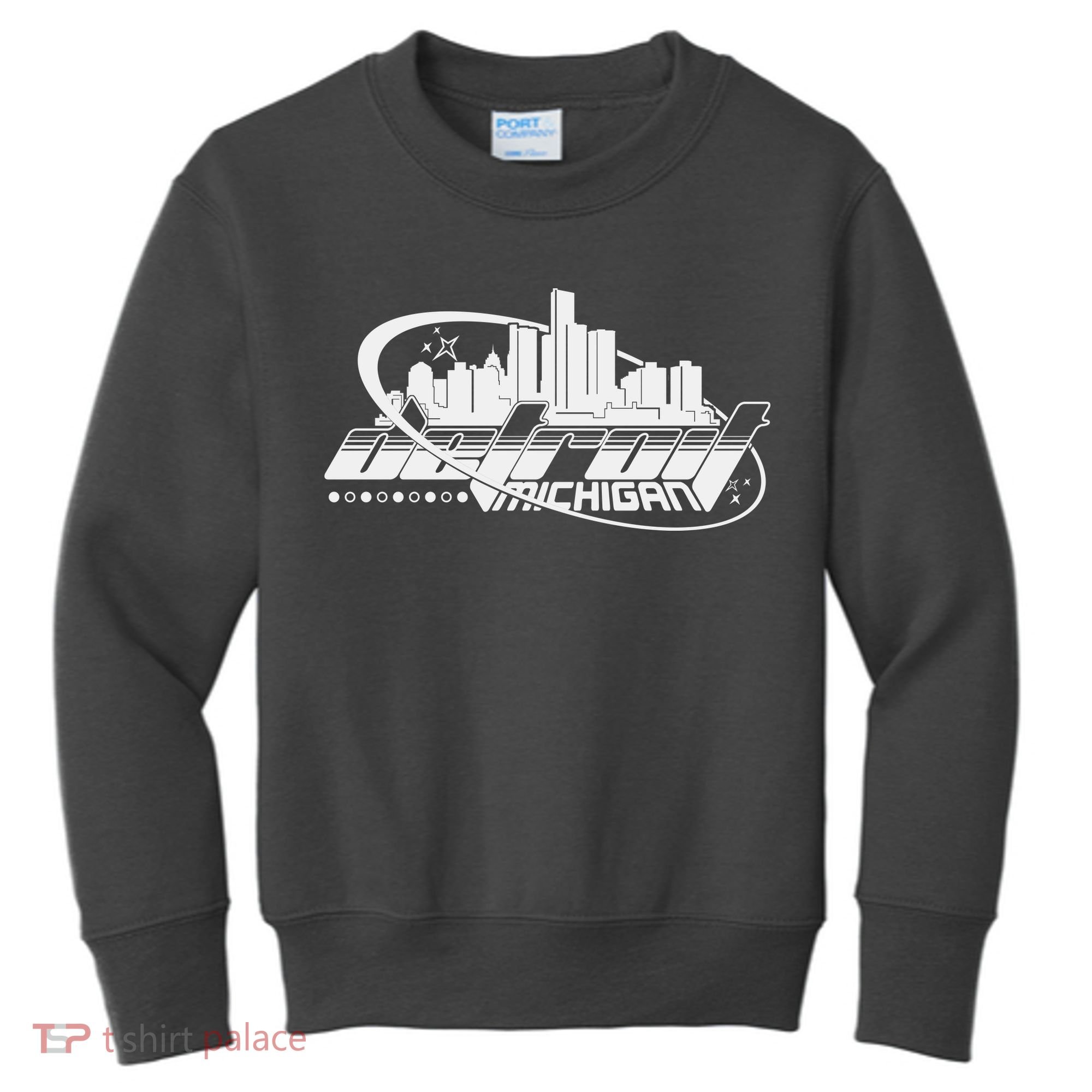 Retro Futuristic Detroit Michigan Skyline Logo Kids Sweatshirt