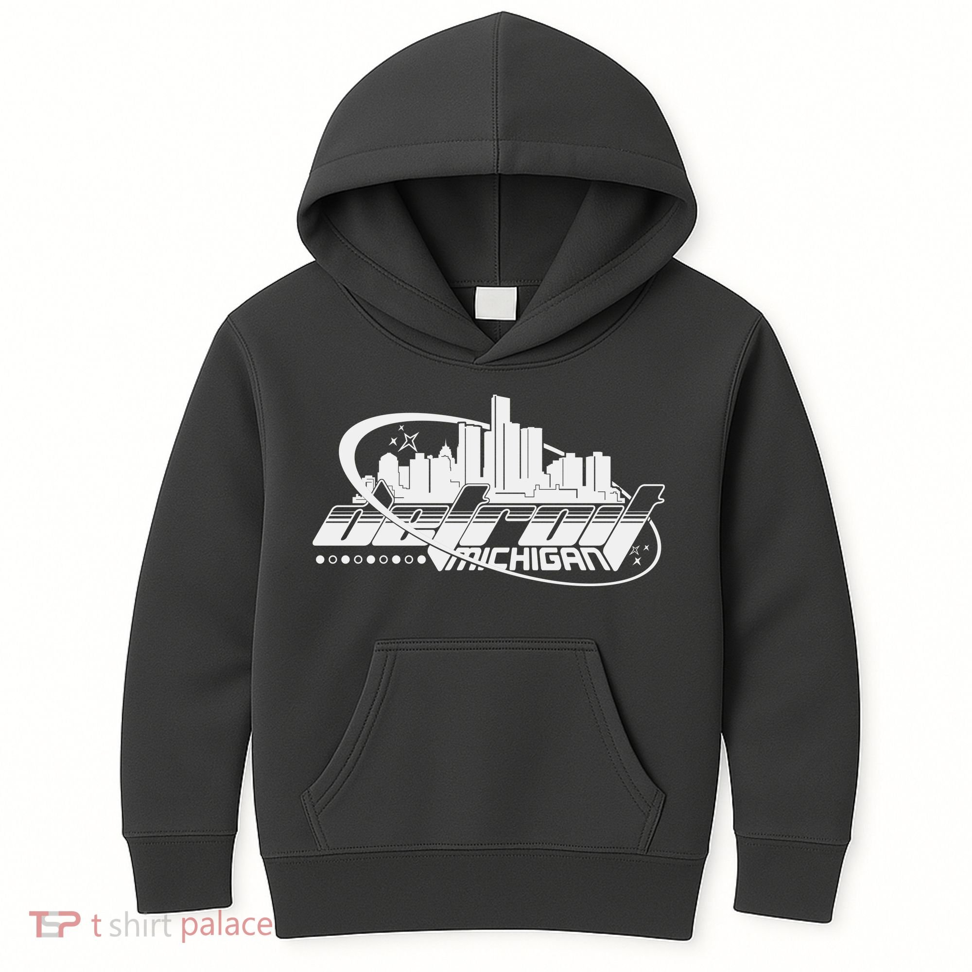 Retro Futuristic Detroit Michigan Skyline Logo Kids Hoodie