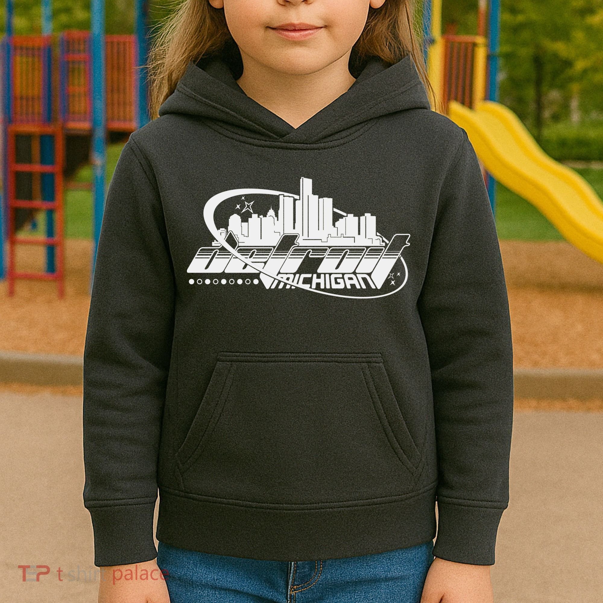 Retro Futuristic Detroit Michigan Skyline Logo Kids Hoodie