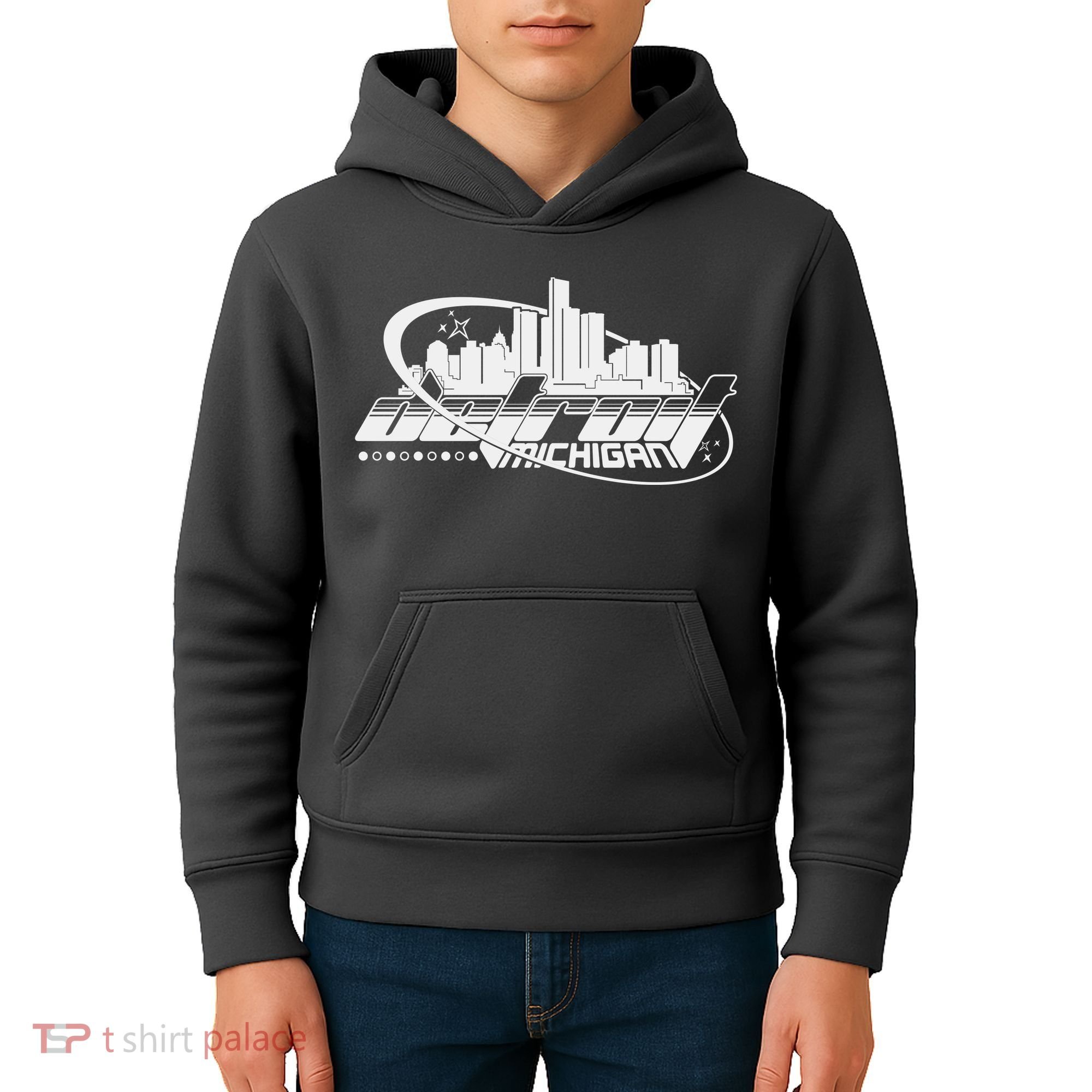 Retro Futuristic Detroit Michigan Skyline Logo Kids Hoodie
