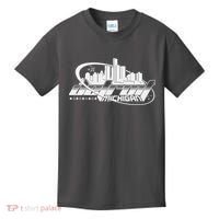 Retro Futuristic Detroit Michigan Skyline Logo Kids T-Shirt thumb 0