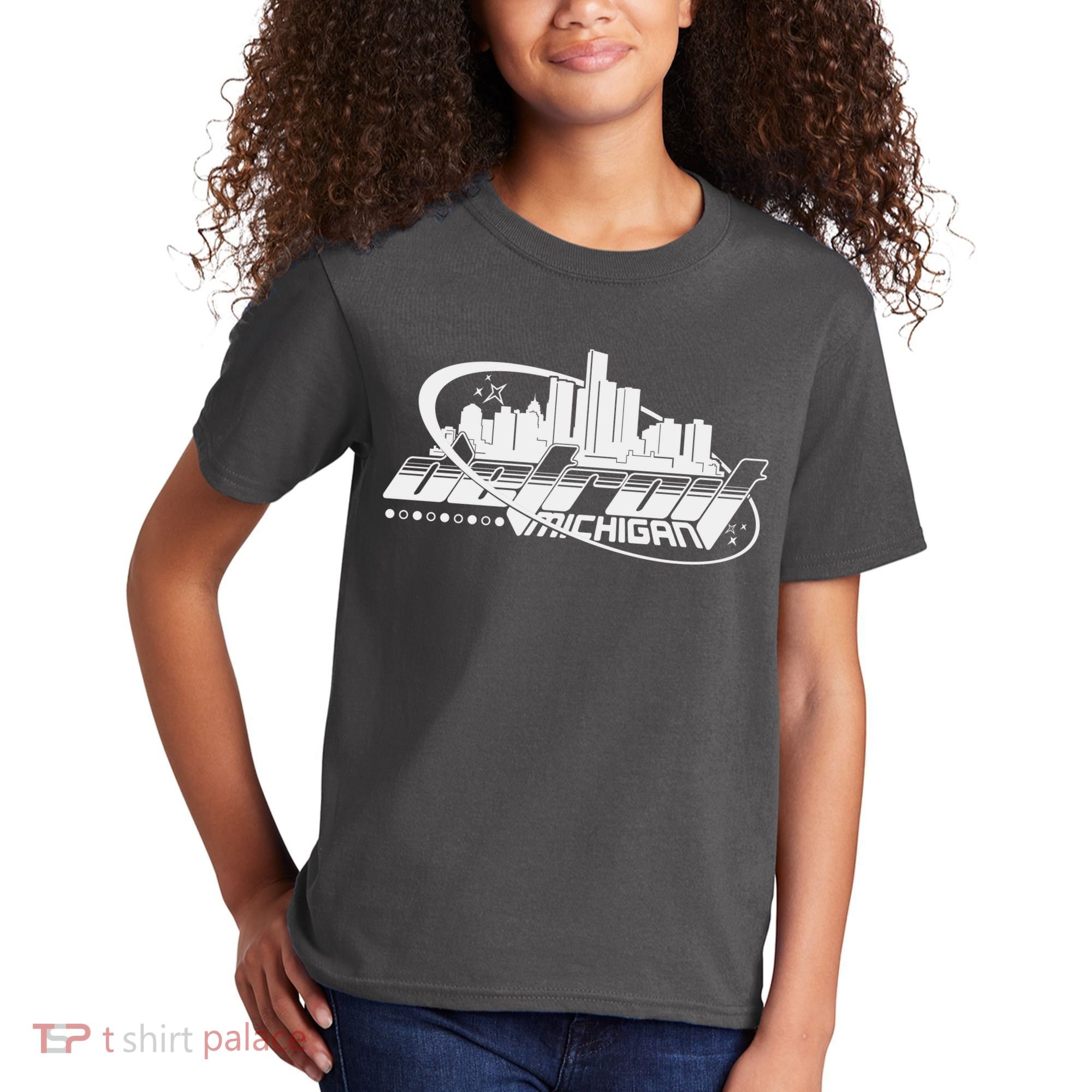 Retro Futuristic Detroit Michigan Skyline Logo Kids T-Shirt