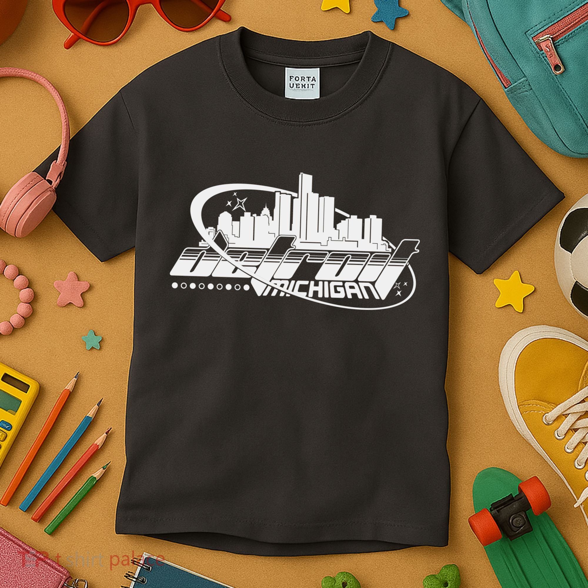 Retro Futuristic Detroit Michigan Skyline Logo Kids T-Shirt