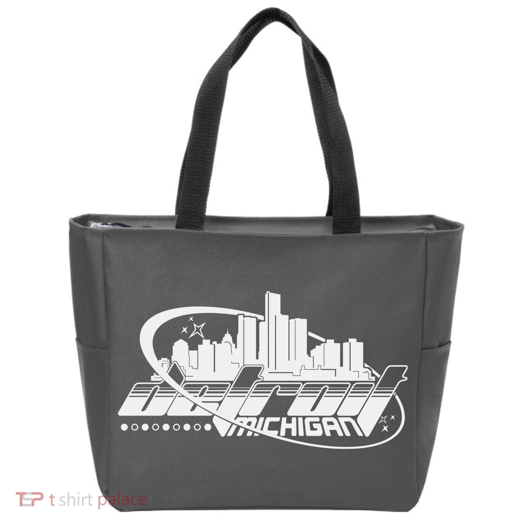 Retro Futuristic Detroit Michigan Skyline Logo Tote Bag