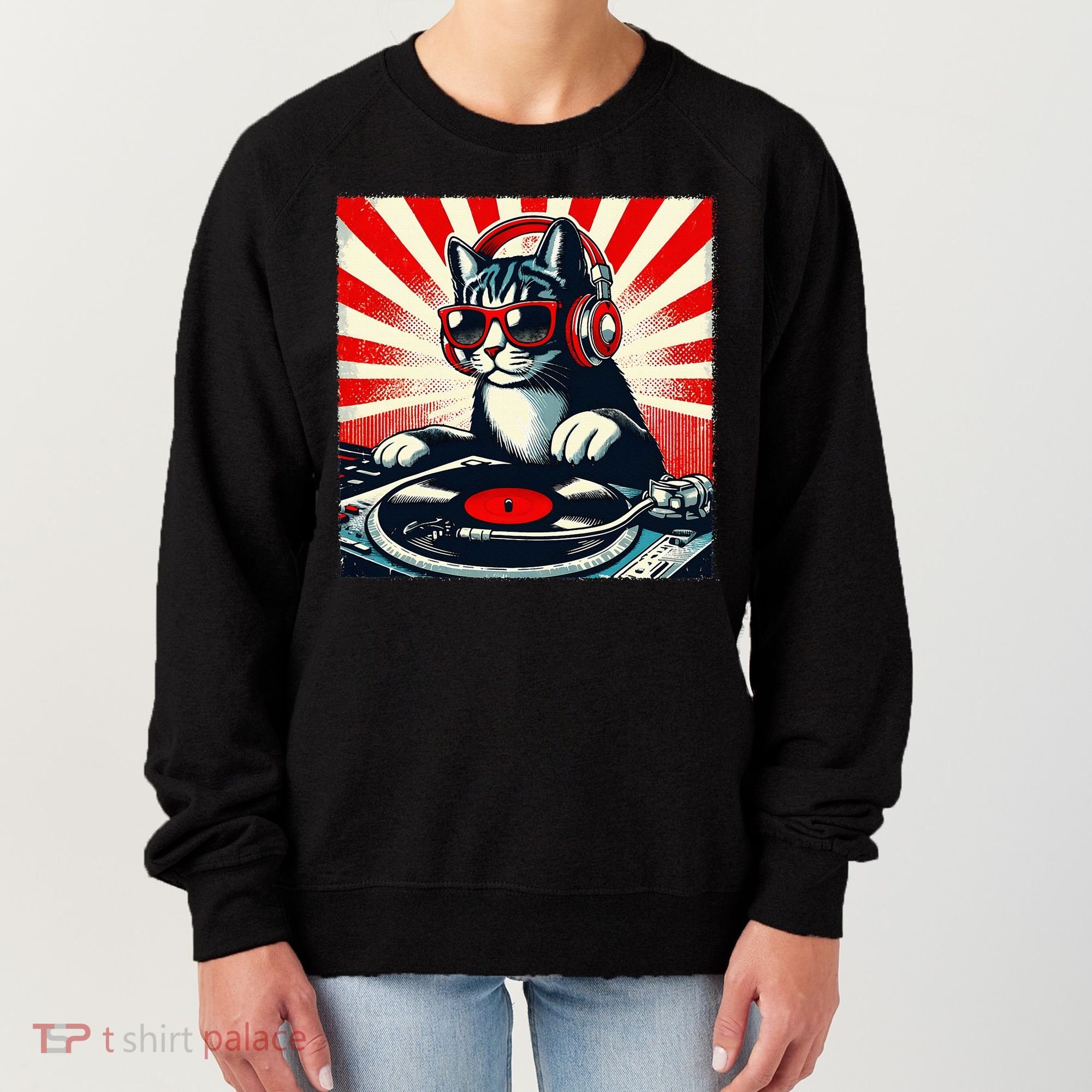 Retro Funny Dj Cat Disco Sound Tech Headphone Music Kitten Women's Sweatshirt