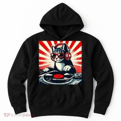 Retro Funny Dj Cat Disco Sound Tech Headphone Music Kitten Hoodie