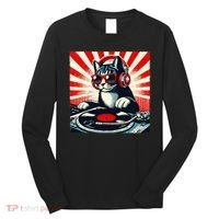 Retro Funny Dj Cat Disco Sound Tech Headphone Music Kitten Long Sleeve Shirt thumb 0