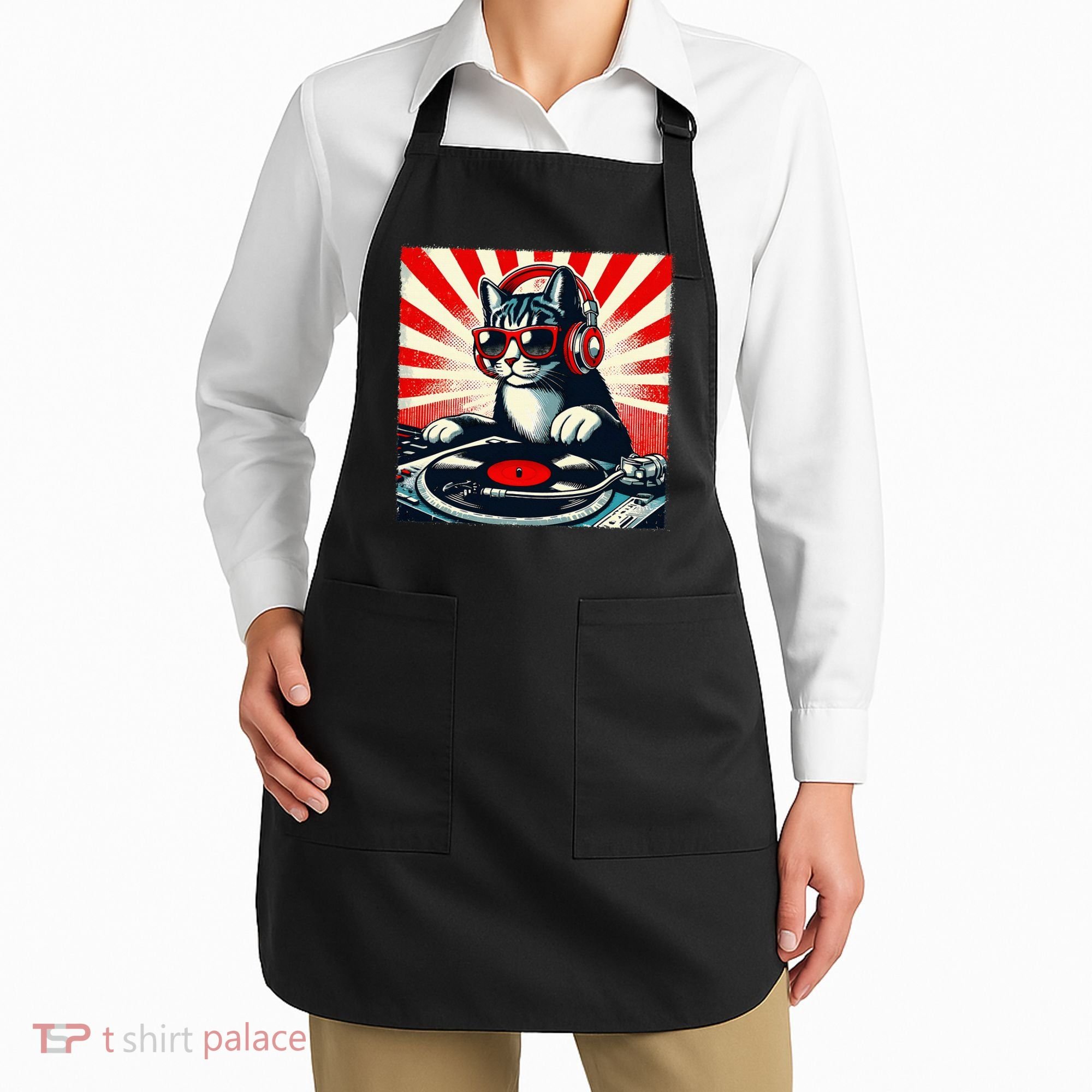 Retro Funny Dj Cat Disco Sound Tech Headphone Music Kitten Apron