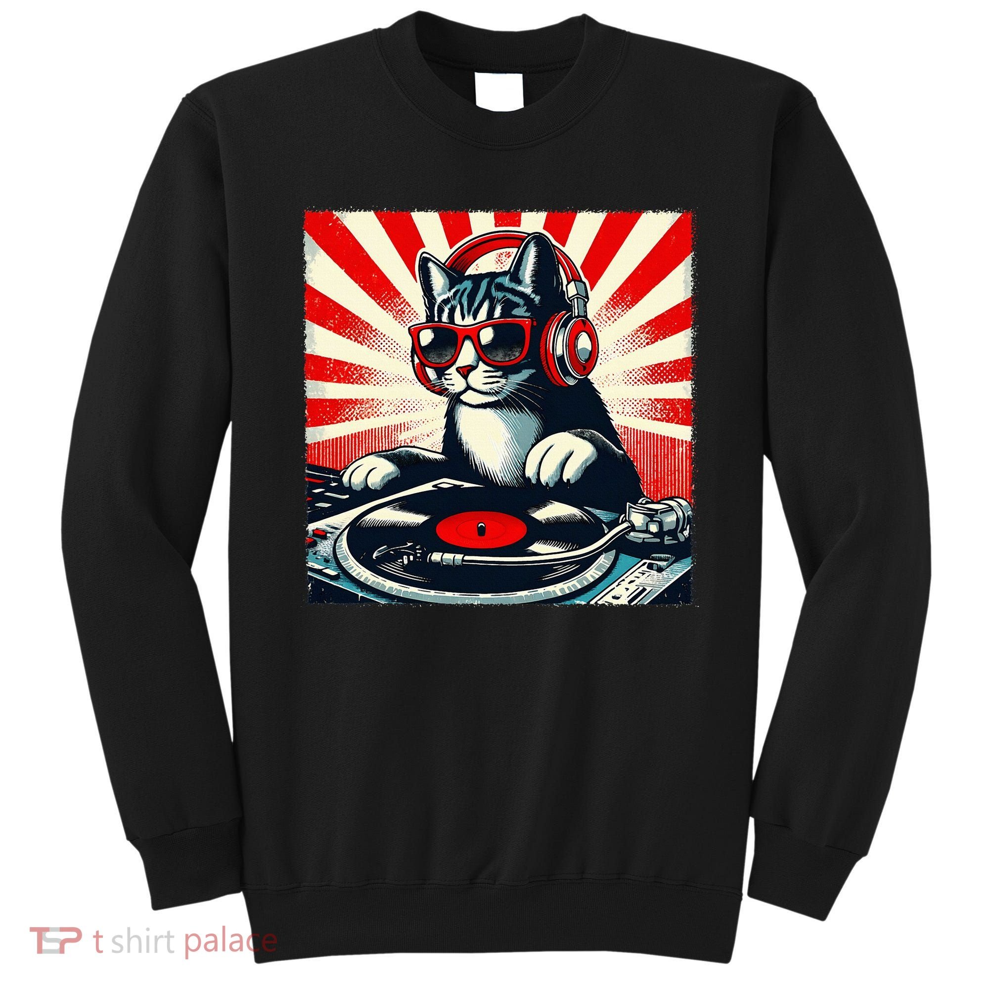Retro Funny Dj Cat Disco Sound Tech Headphone Music Kitten Sweatshirt