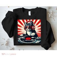 Retro Funny Dj Cat Disco Sound Tech Headphone Music Kitten Sweatshirt thumb 2