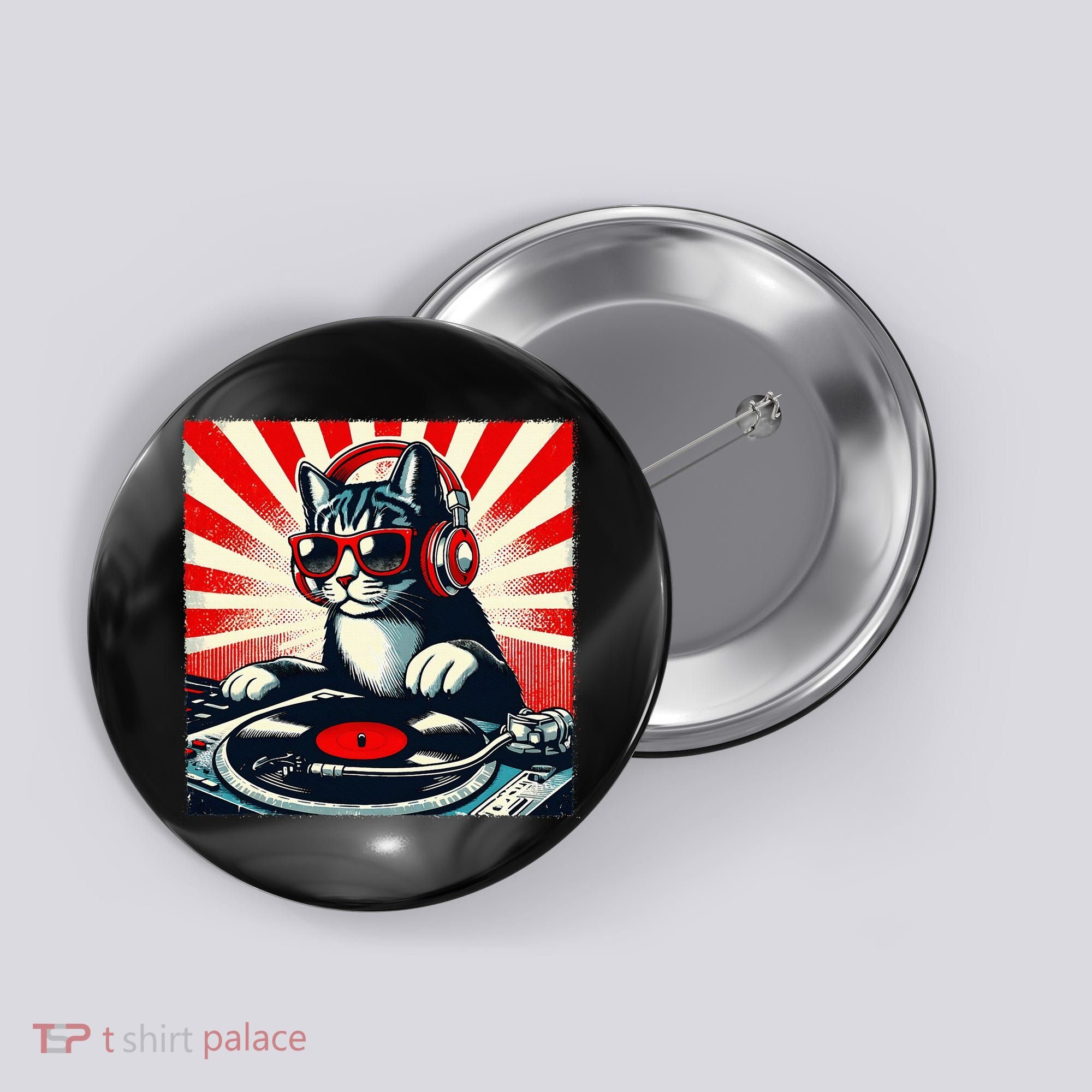 Retro Funny Dj Cat Disco Sound Tech Headphone Music Kitten Button