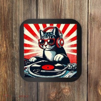 Retro Funny Dj Cat Disco Sound Tech Headphone Music Kitten Coaster